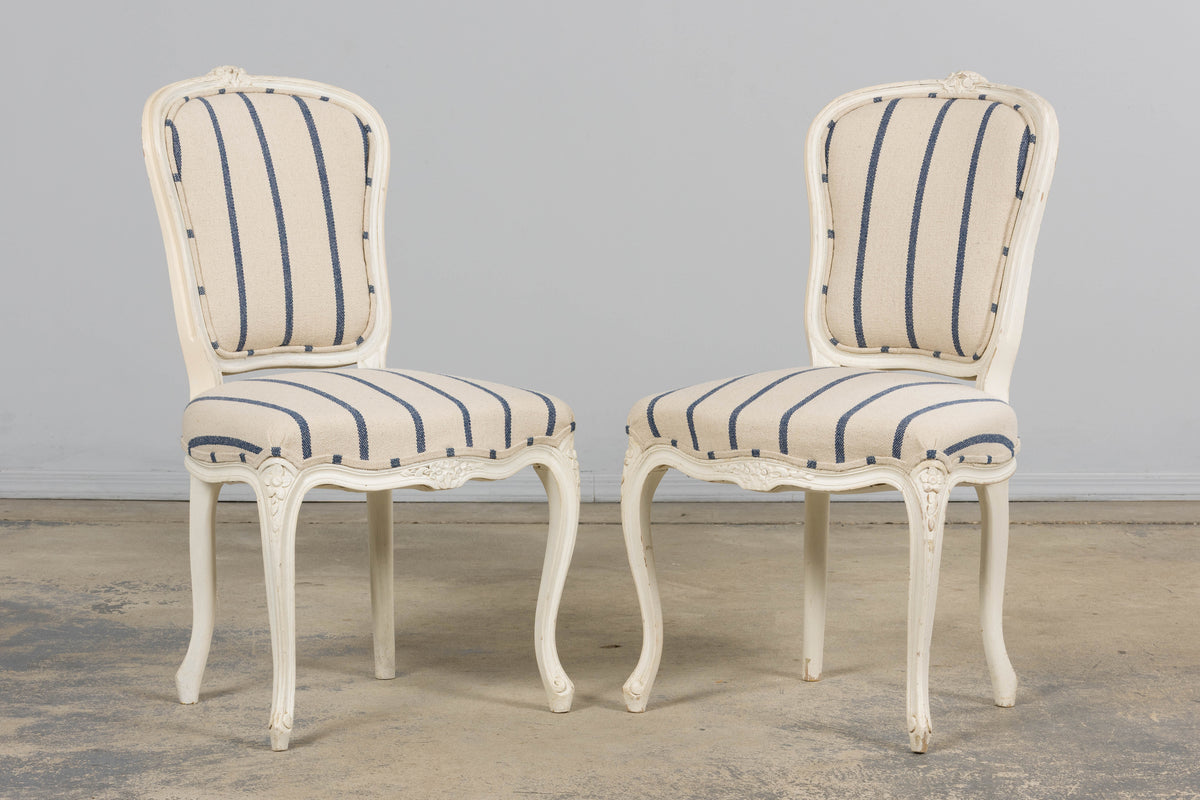 Antique French Louis XV Style Painted Provincial Dining Chairs in Striped Jacquard – Set of 8