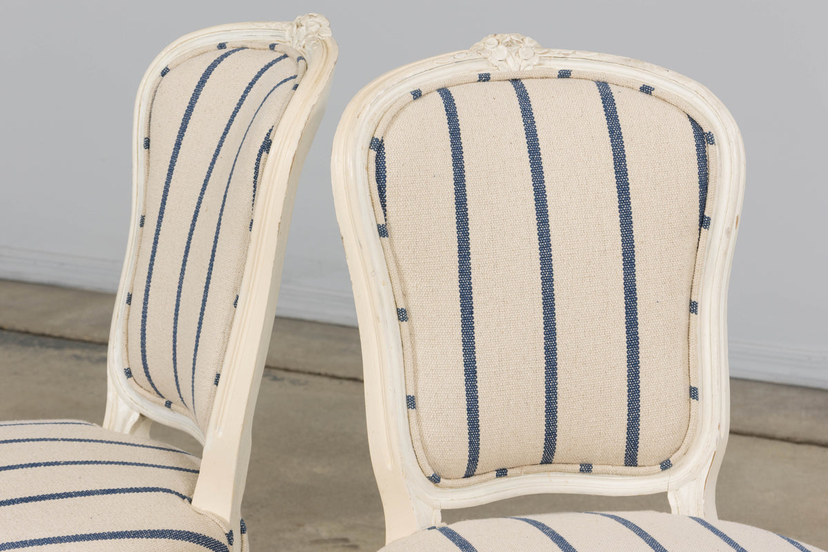 Antique French Louis XV Style Painted Provincial Dining Chairs in Striped Jacquard – Set of 8