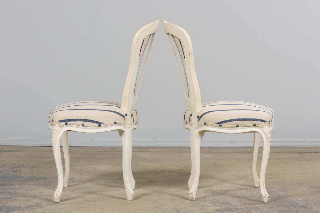 Antique French Louis XV Style Painted Provincial Dining Chairs in Striped Jacquard – Set of 8