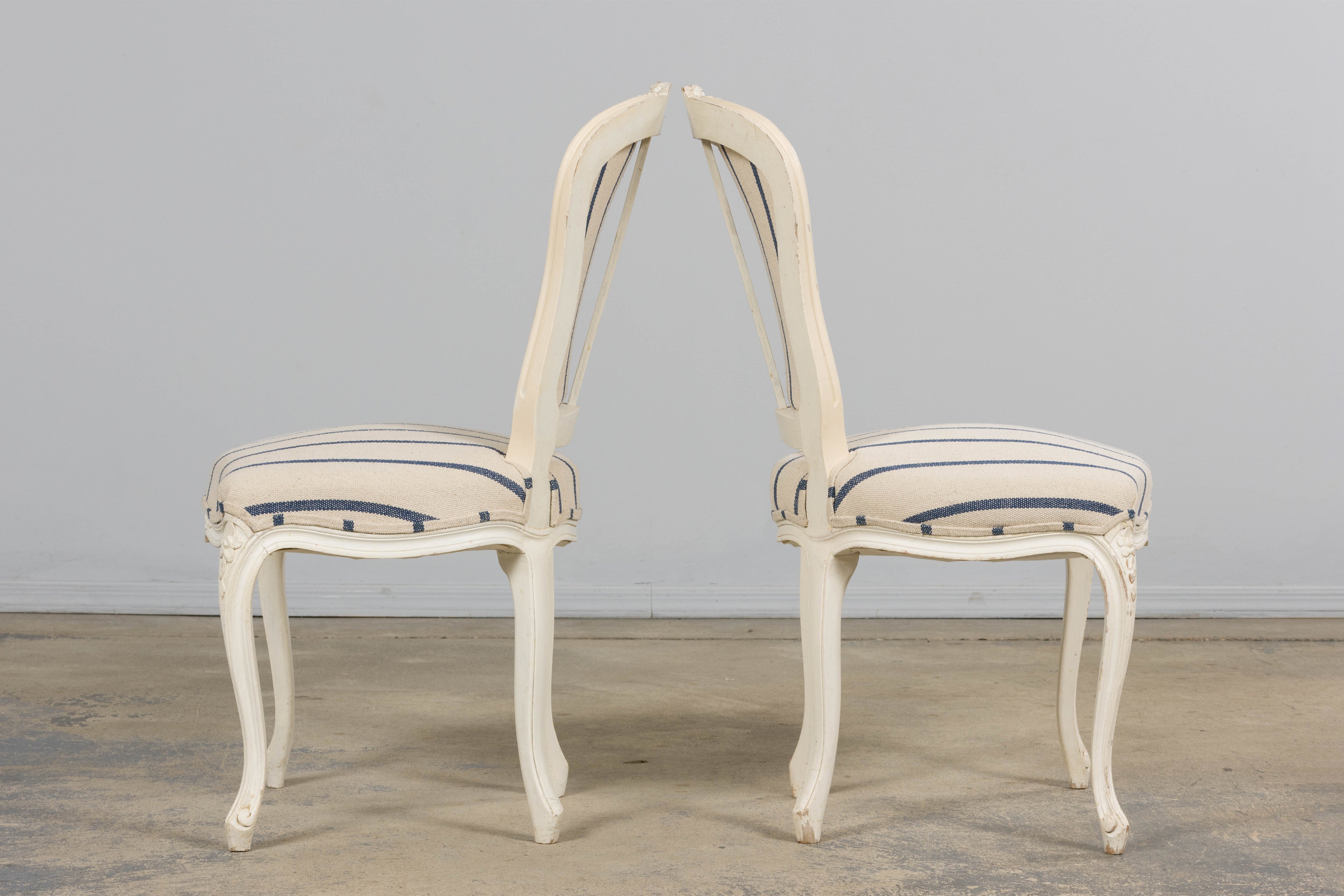 Antique French Louis XV Style Painted Provincial Dining Chairs in Striped Jacquard – Set of 8
