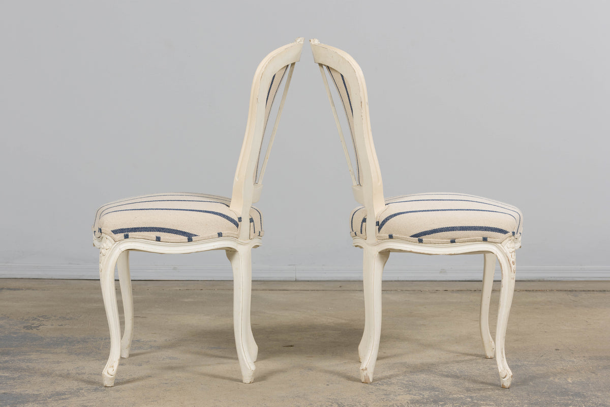 Antique French Louis XV Style Painted Provincial Dining Chairs in Striped Jacquard – Set of 8