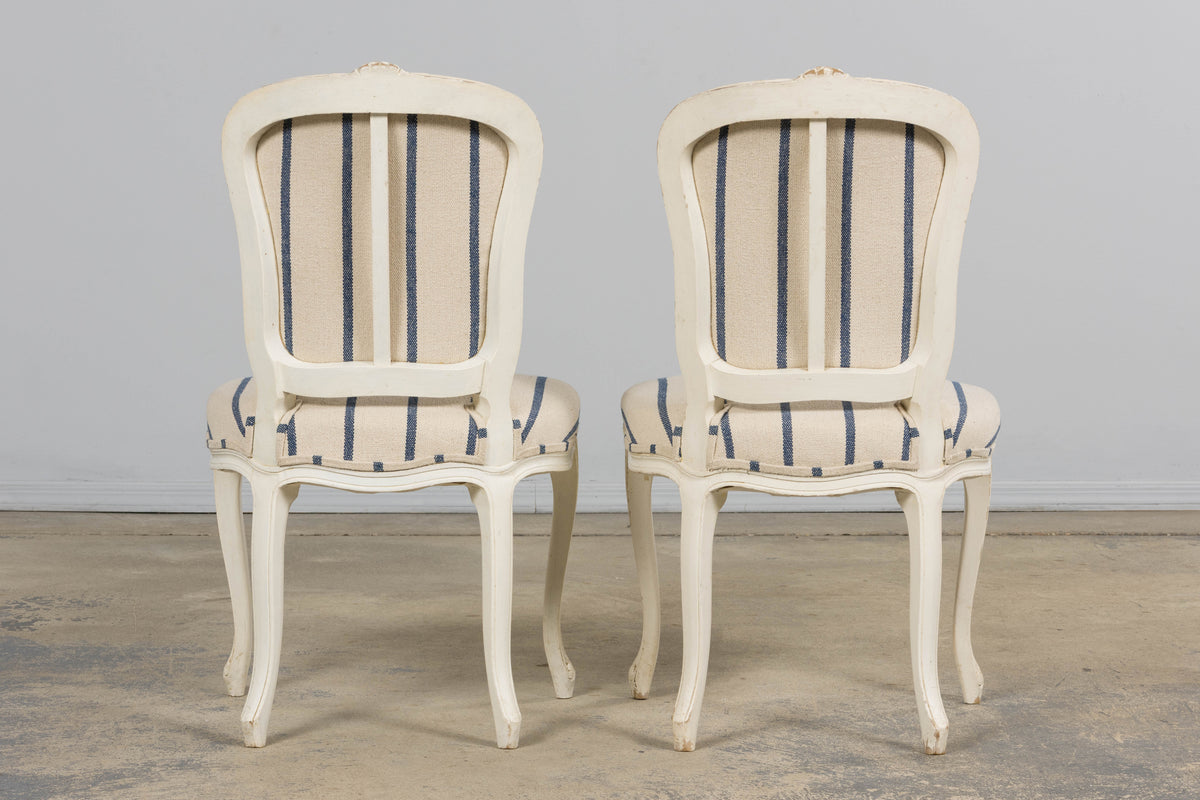 Antique French Louis XV Style Painted Provincial Dining Chairs in Striped Jacquard – Set of 8