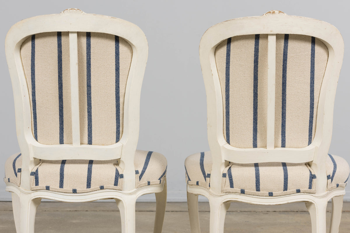Antique French Louis XV Style Painted Provincial Dining Chairs in Striped Jacquard – Set of 8