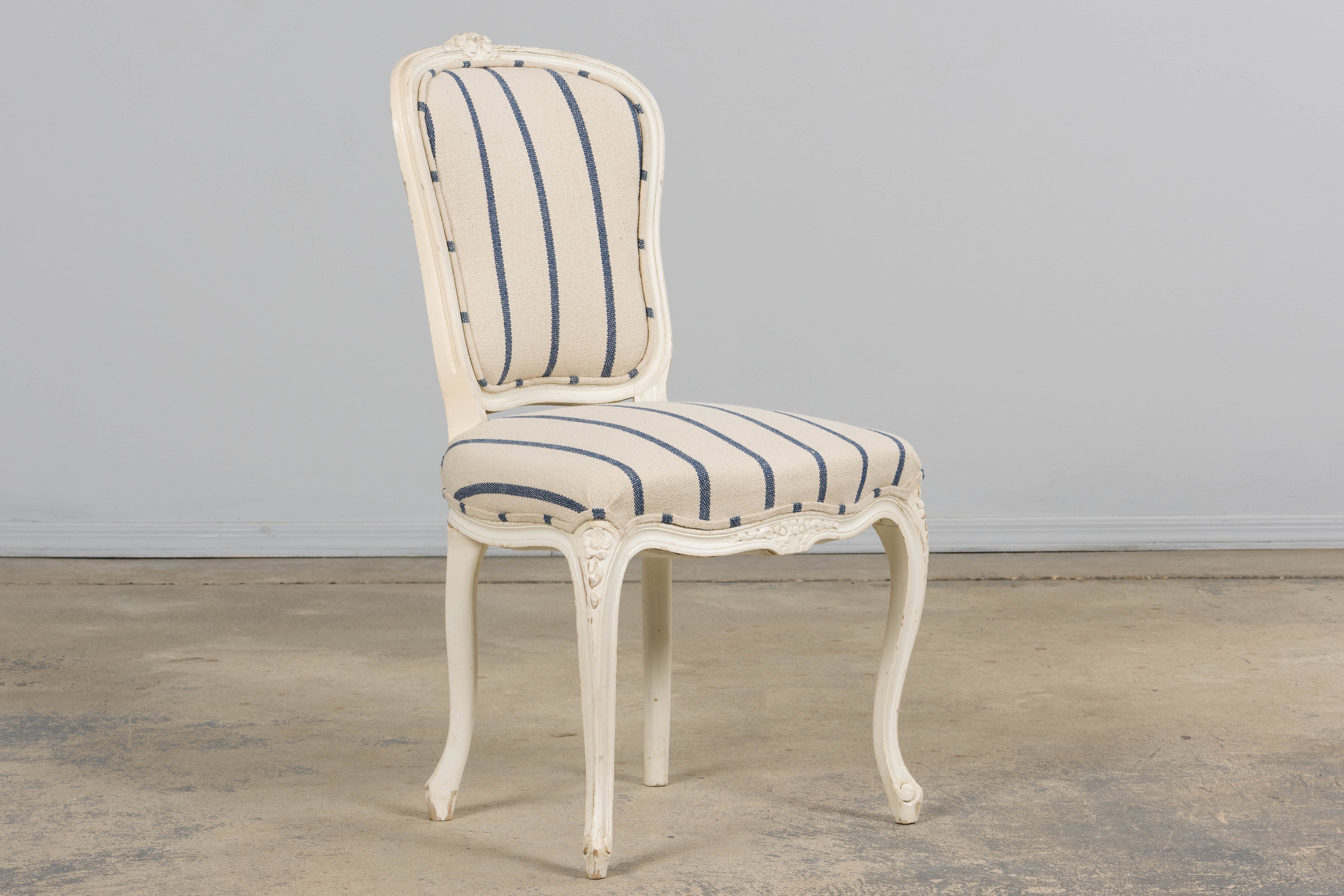 Antique French Louis XV Style Painted Provincial Dining Chairs in Striped Jacquard – Set of 8