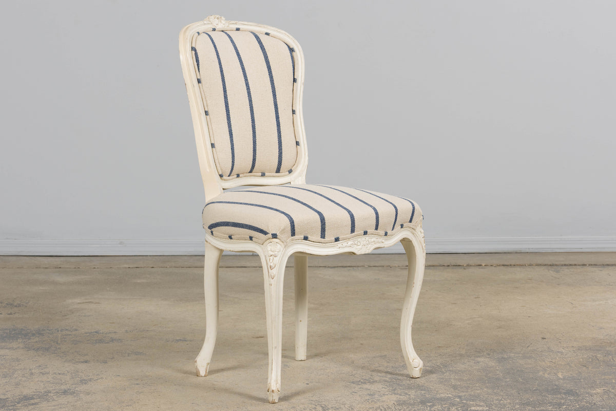 Antique French Louis XV Style Painted Provincial Dining Chairs in Striped Jacquard – Set of 8