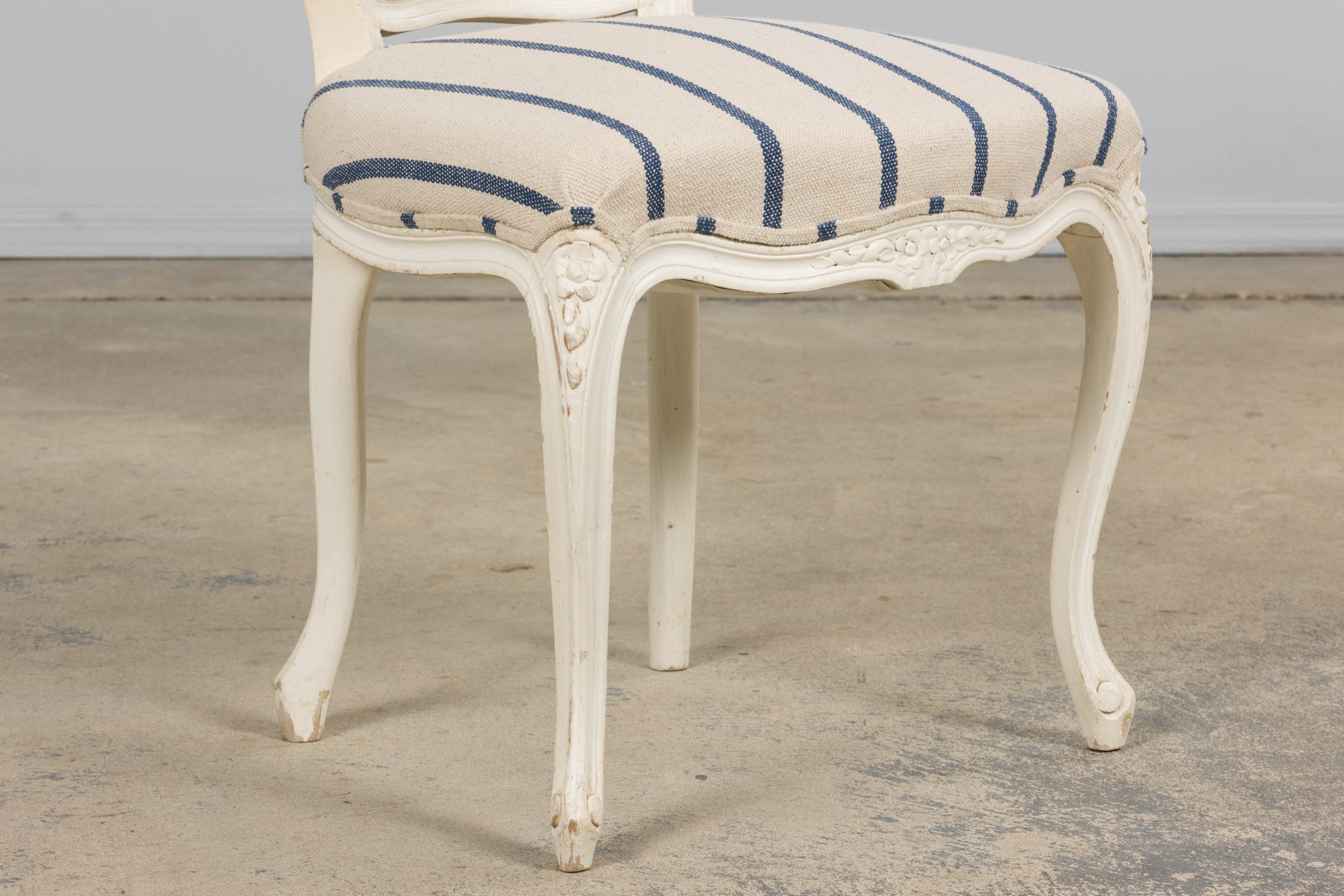 Antique French Louis XV Style Painted Provincial Dining Chairs in Striped Jacquard – Set of 8