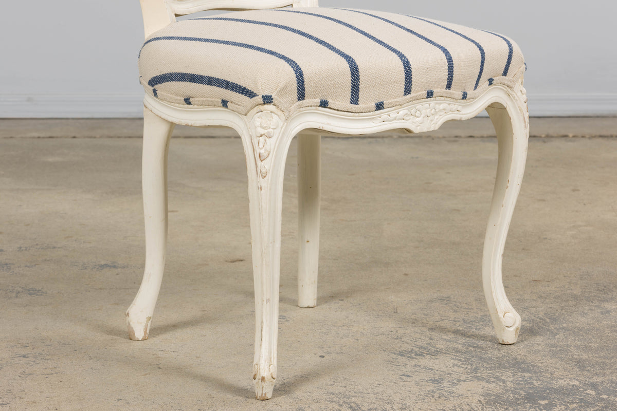 Antique French Louis XV Style Painted Provincial Dining Chairs in Striped Jacquard – Set of 8