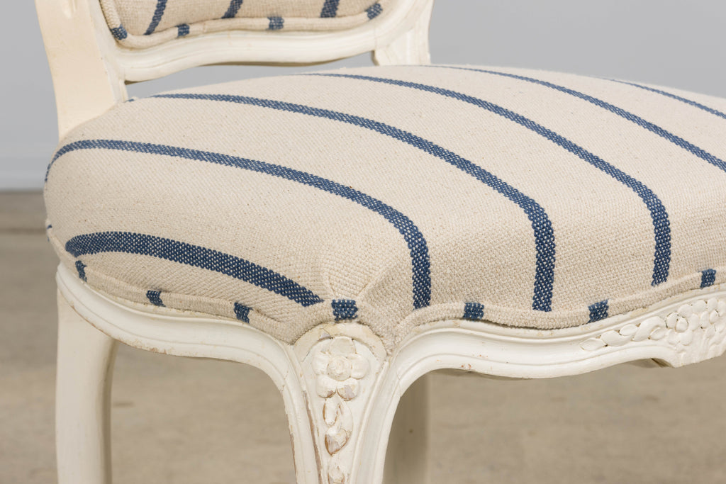 Antique French Louis XV Style Painted Provincial Dining Chairs in Striped Jacquard – Set of 8