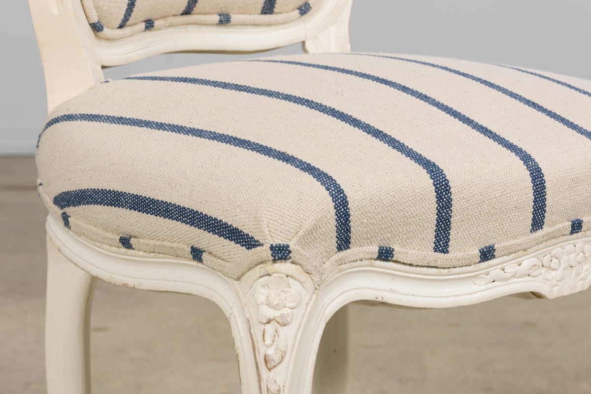 Antique French Louis XV Style Painted Provincial Dining Chairs in Striped Jacquard – Set of 8