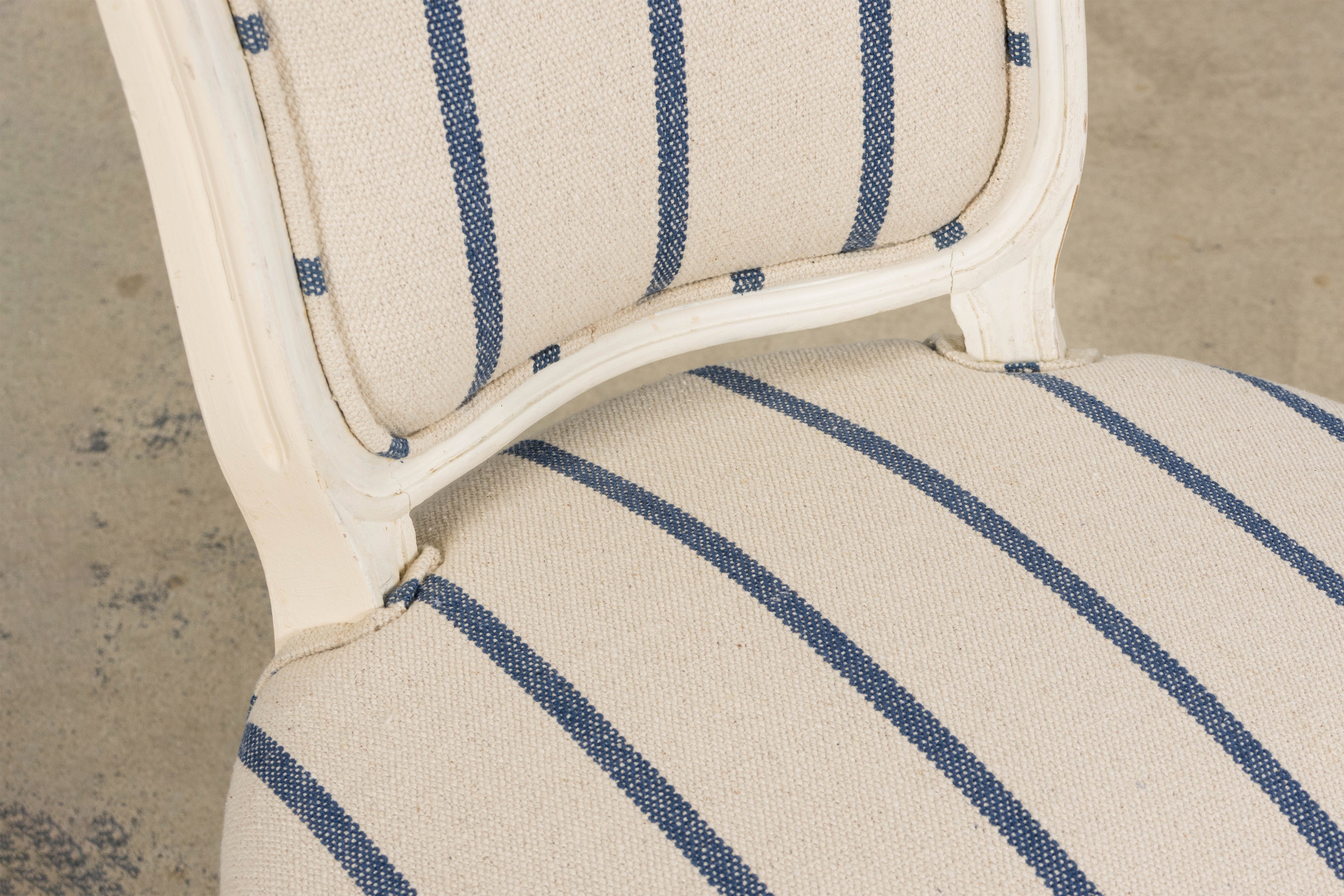 Antique French Louis XV Style Painted Provincial Dining Chairs in Striped Jacquard – Set of 8
