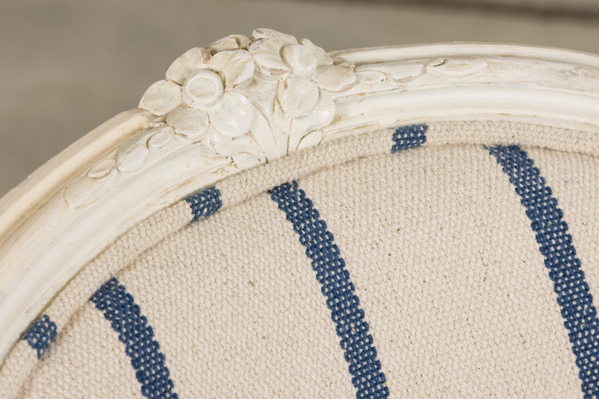 Antique French Louis XV Style Painted Provincial Dining Chairs in Striped Jacquard – Set of 8