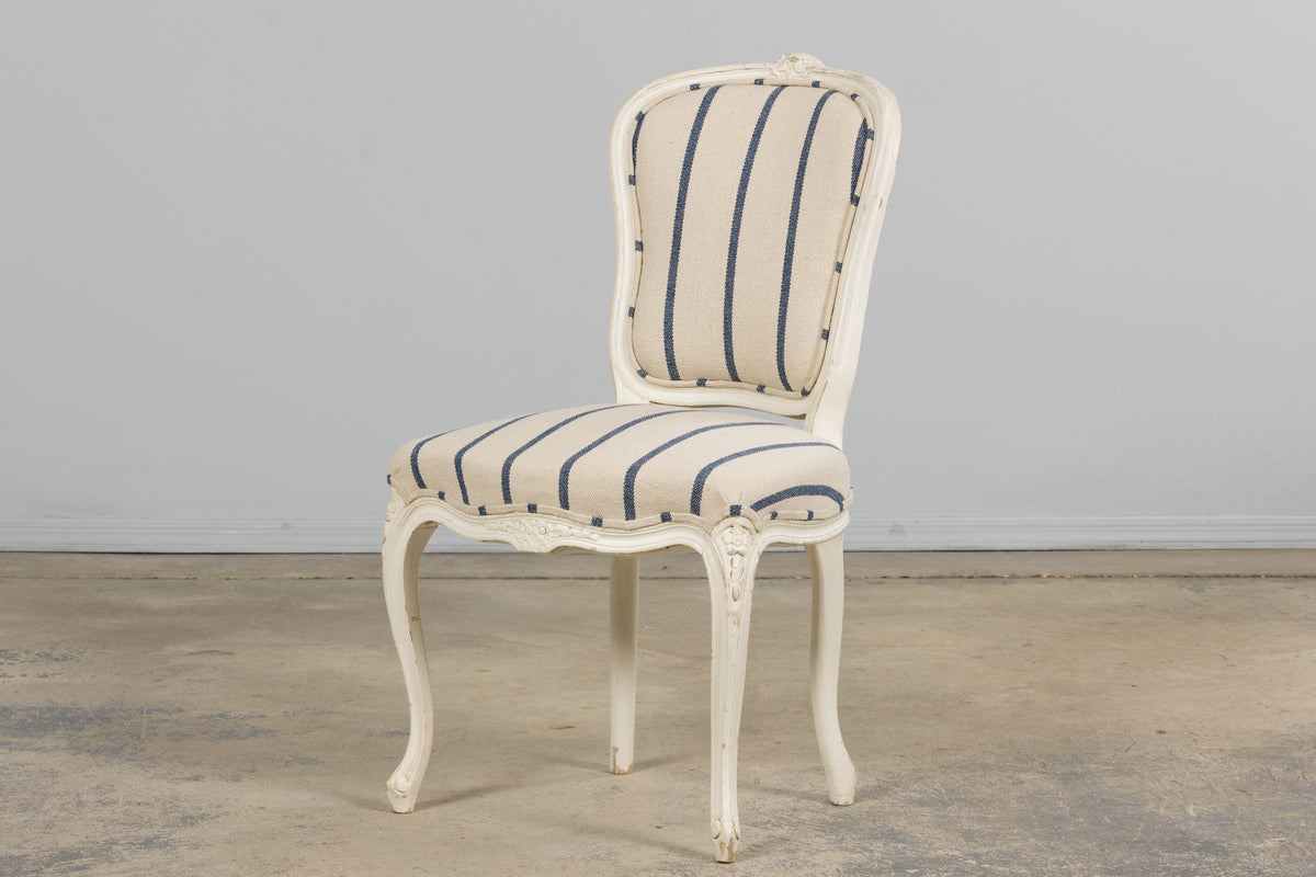 Antique French Louis XV Style Painted Provincial Dining Chairs in Striped Jacquard – Set of 8