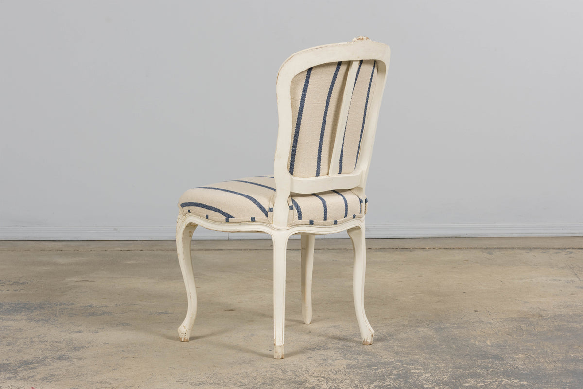 Antique French Louis XV Style Painted Provincial Dining Chairs in Striped Jacquard – Set of 8