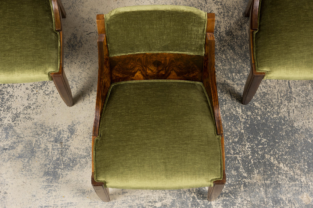ON HOLD 1920s French Art Deco Walnut Gondola Dining Chairs in Olive Green - Set of 8