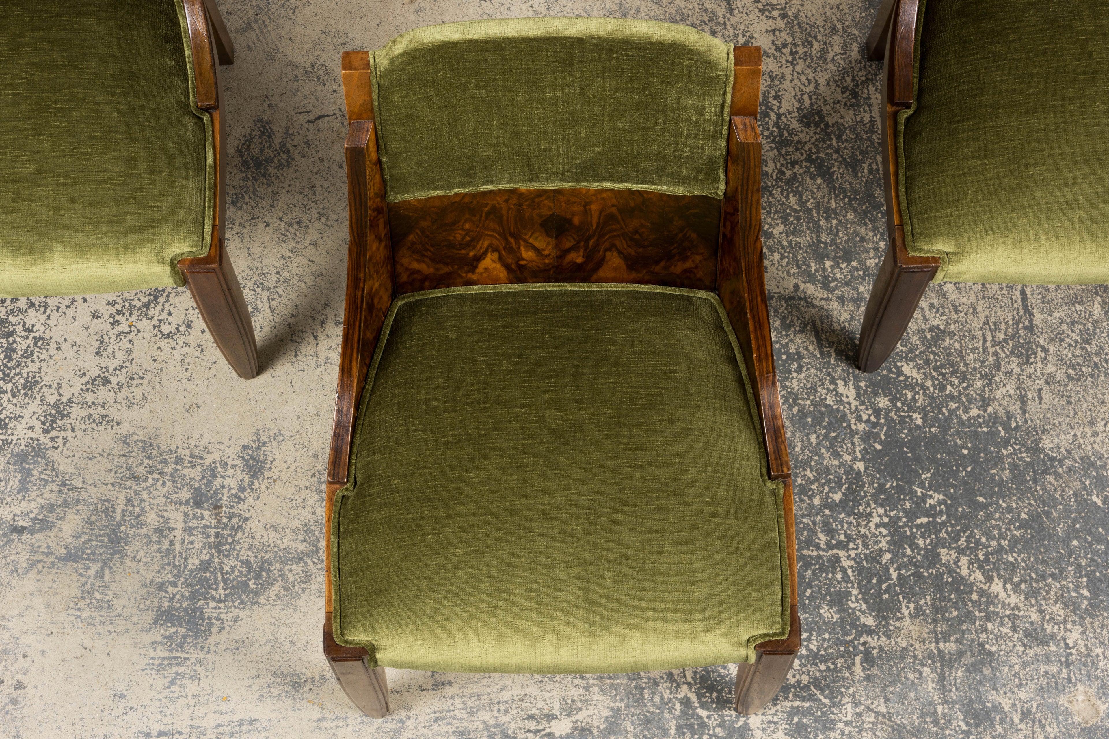1920s French Art Deco Walnut Gondola Dining Chairs in Olive Green - Set of 8