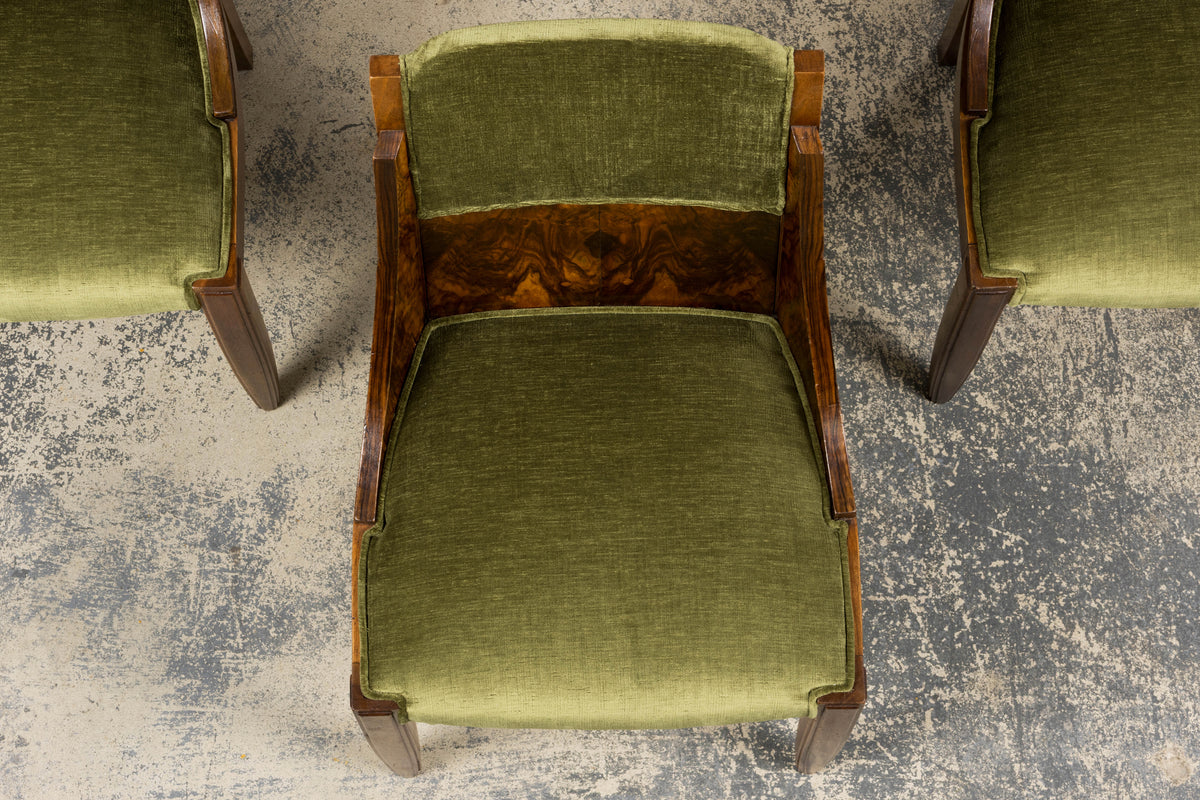 1920s French Art Deco Walnut Gondola Dining Chairs in Olive Green - Set of 8
