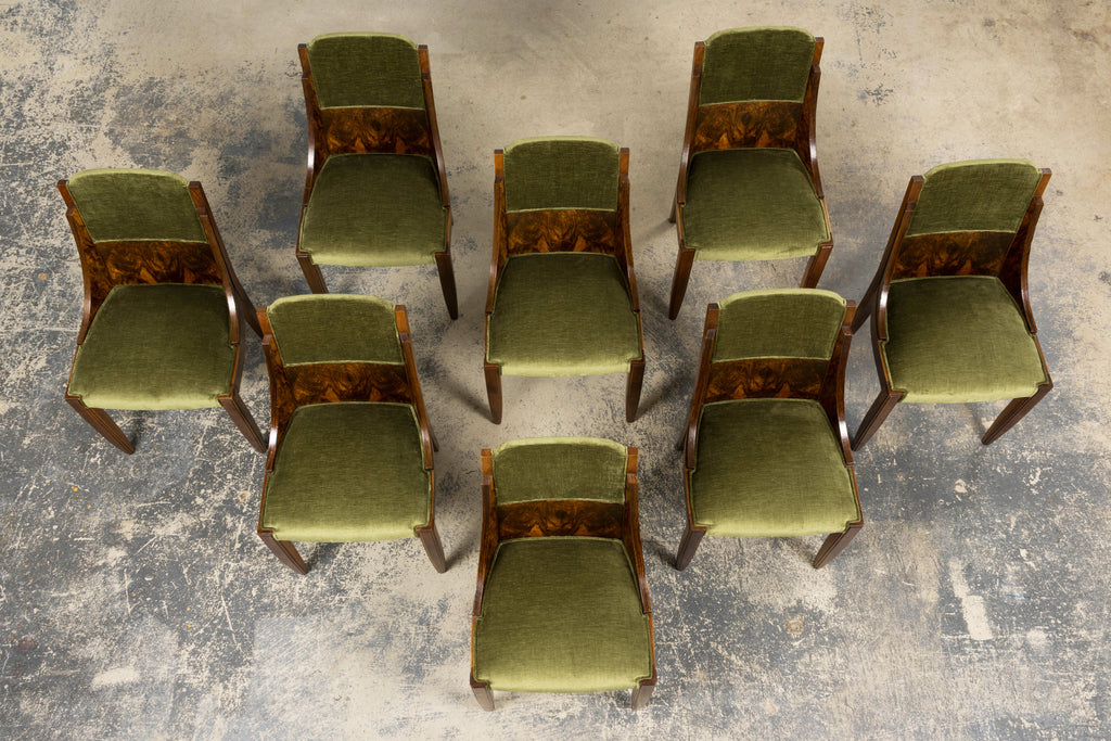 ON HOLD 1920s French Art Deco Walnut Gondola Dining Chairs in Olive Green - Set of 8