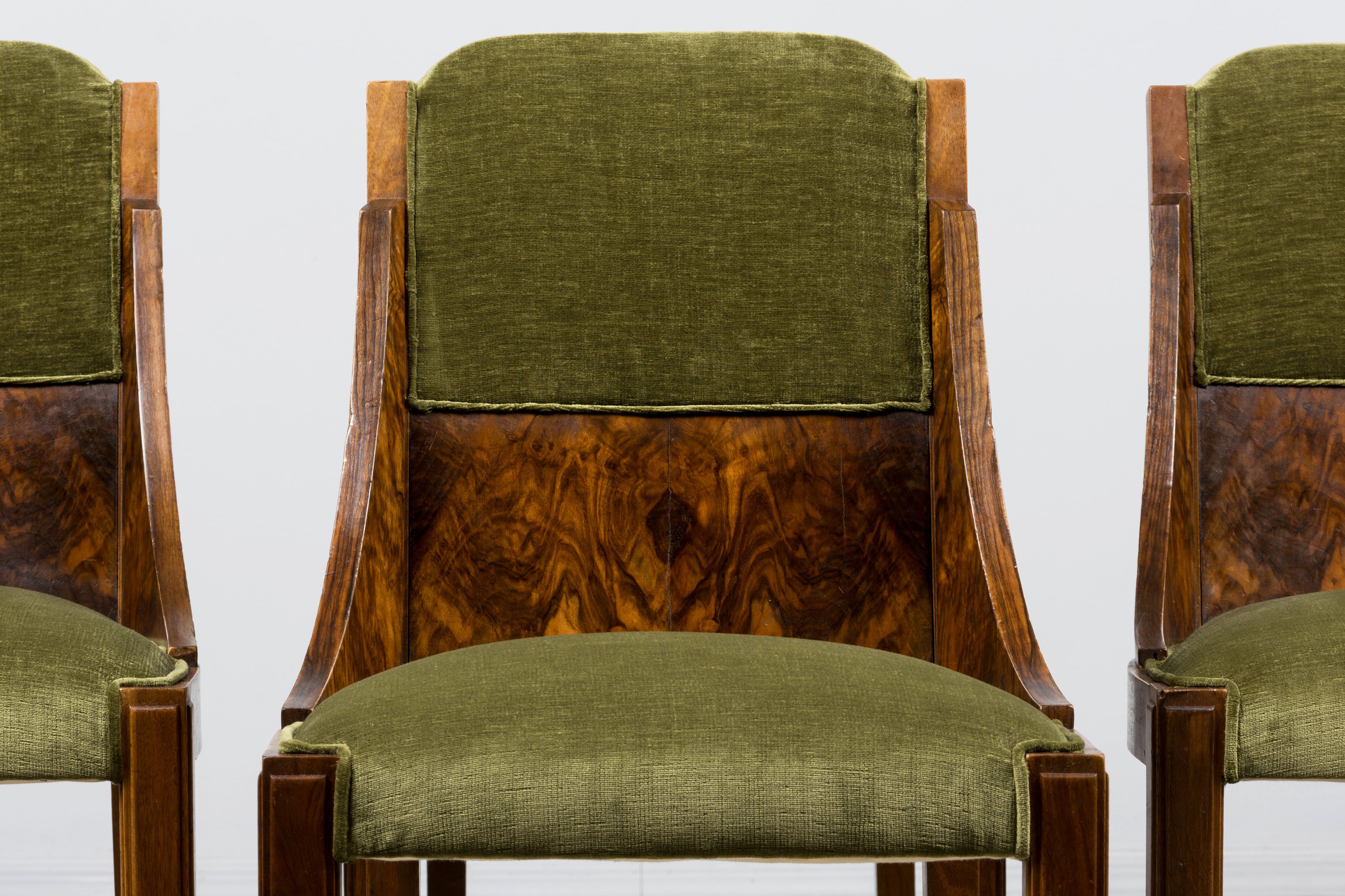 1920s French Art Deco Walnut Gondola Dining Chairs in Olive Green - Set of 8