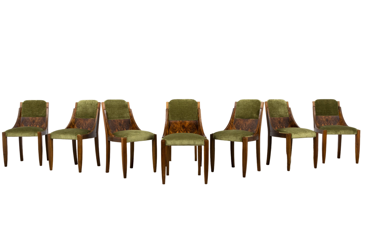 1920s French Art Deco Walnut Gondola Dining Chairs in Olive Green - Set of 8