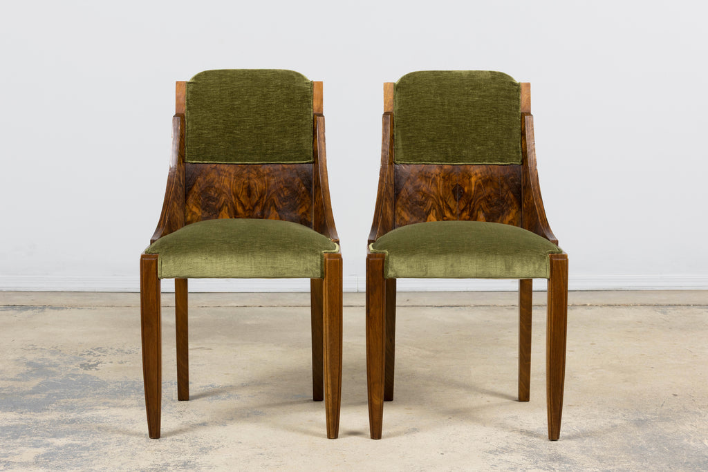 ON HOLD 1920s French Art Deco Walnut Gondola Dining Chairs in Olive Green - Set of 8