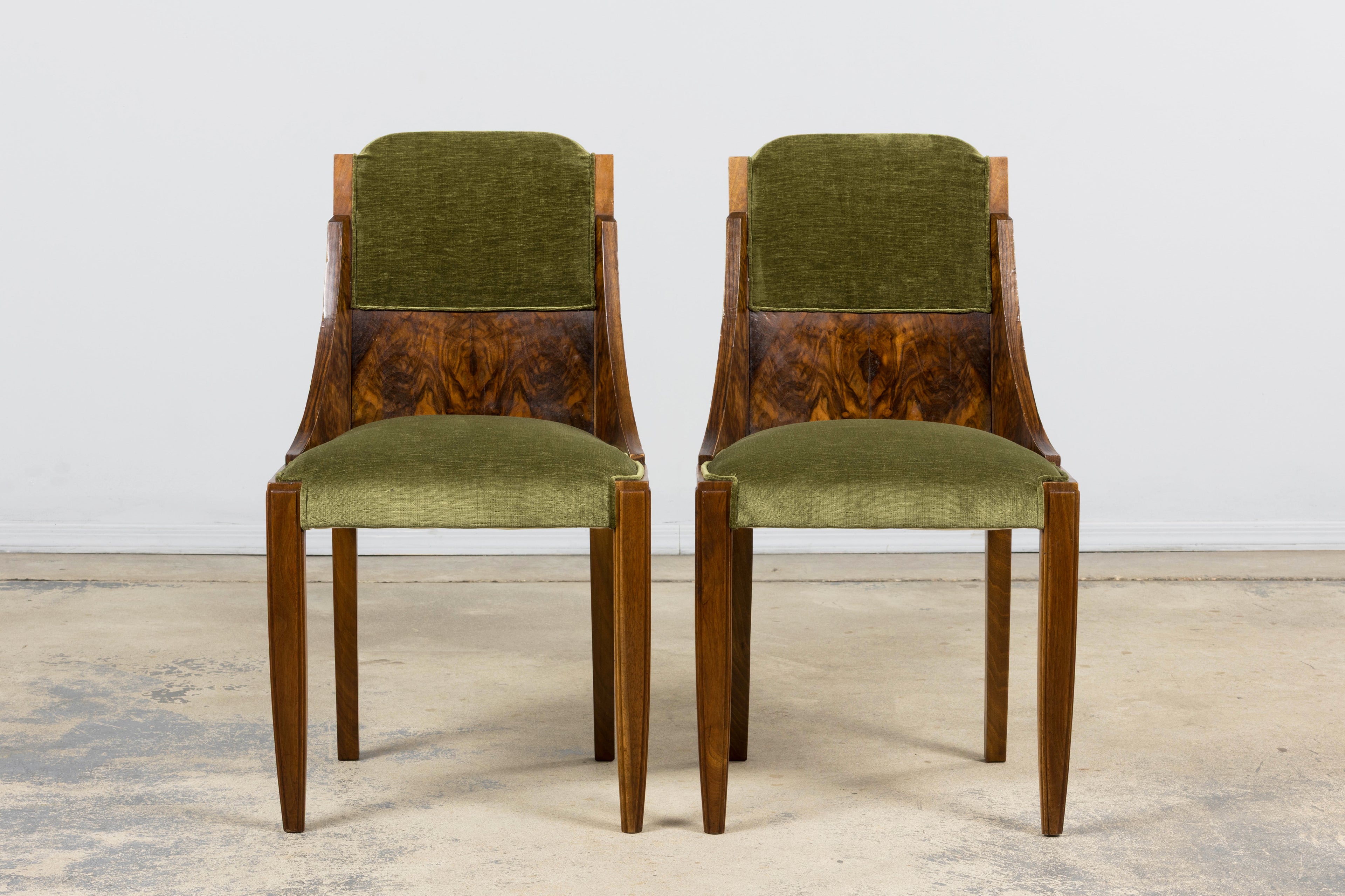 ON HOLD 1920s French Art Deco Walnut Gondola Dining Chairs in Olive Green - Set of 8