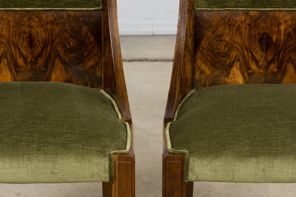ON HOLD 1920s French Art Deco Walnut Gondola Dining Chairs in Olive Green - Set of 8