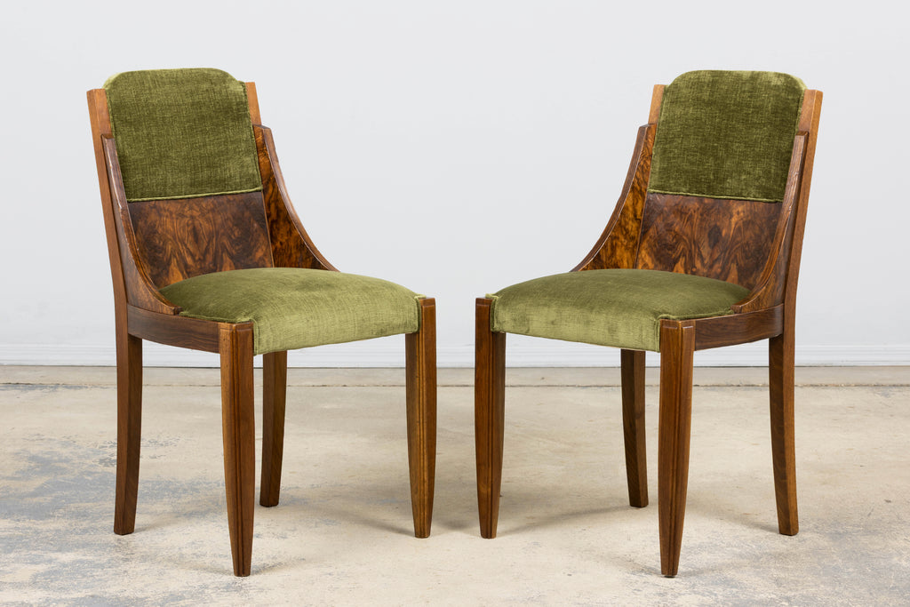 ON HOLD 1920s French Art Deco Walnut Gondola Dining Chairs in Olive Green - Set of 8