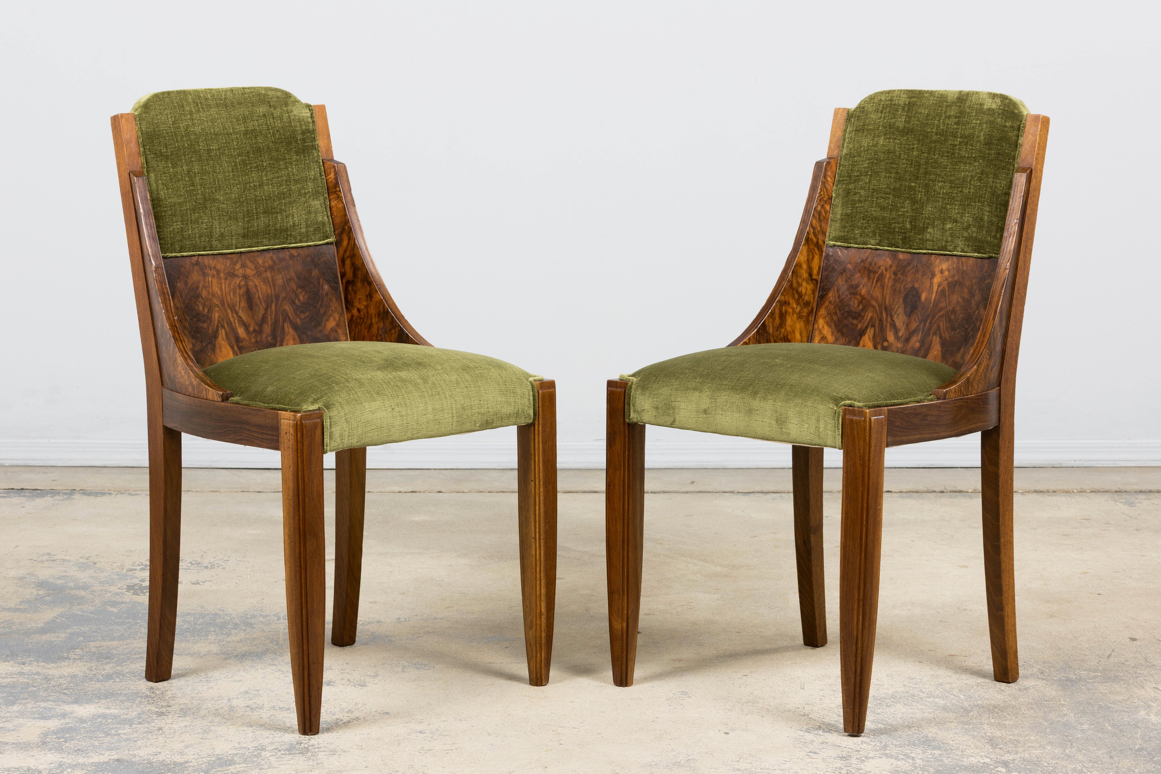 ON HOLD 1920s French Art Deco Walnut Gondola Dining Chairs in Olive Green - Set of 8
