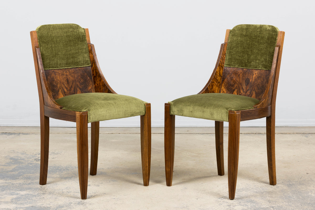 1920s French Art Deco Walnut Gondola Dining Chairs in Olive Green - Set of 8