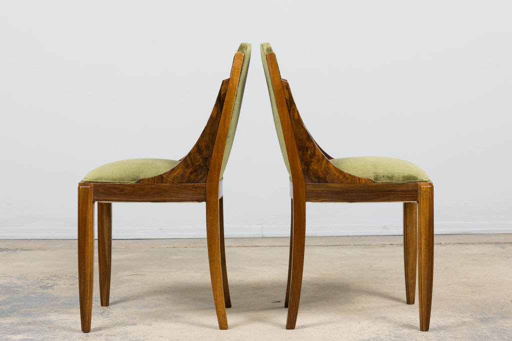 ON HOLD 1920s French Art Deco Walnut Gondola Dining Chairs in Olive Green - Set of 8