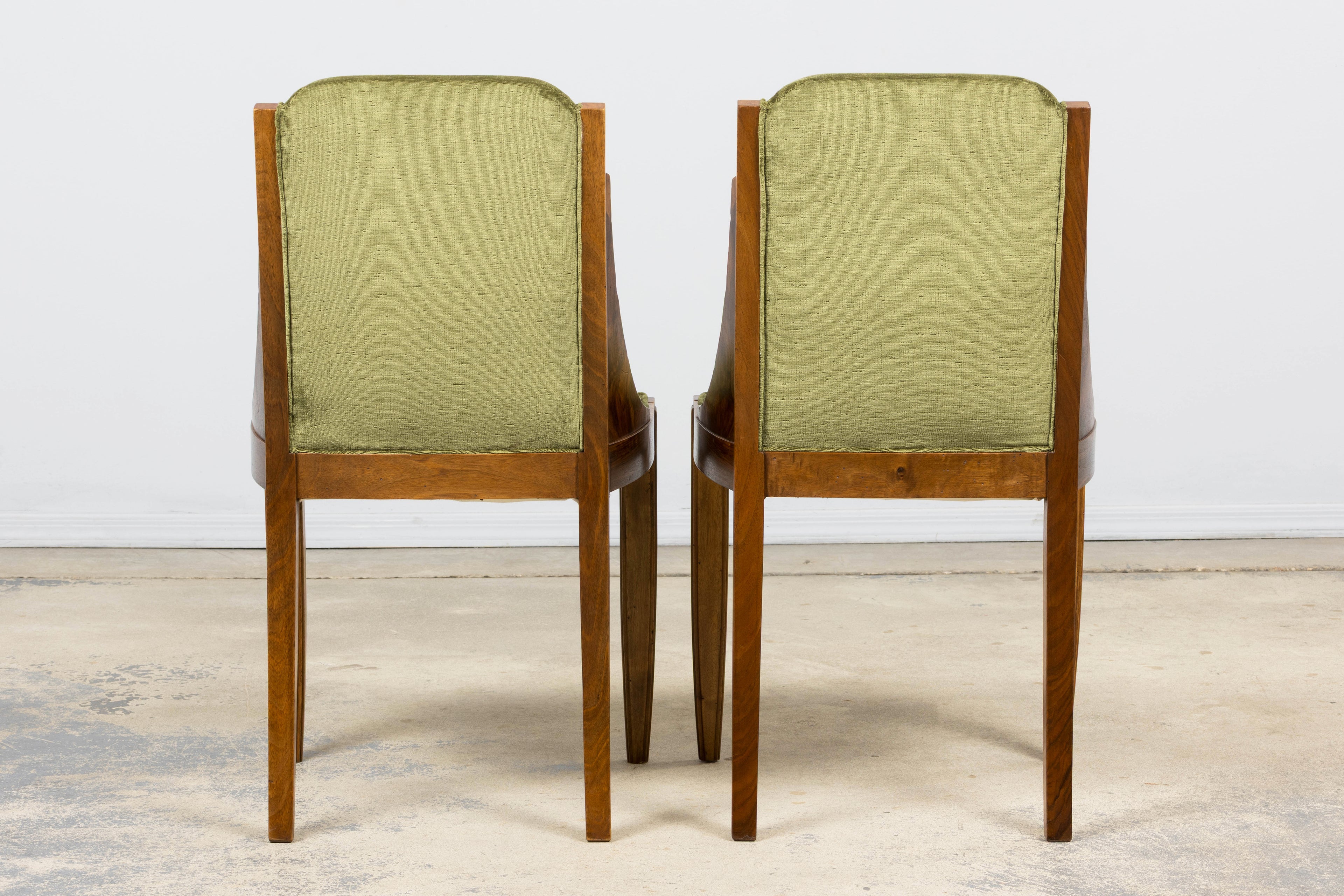 ON HOLD 1920s French Art Deco Walnut Gondola Dining Chairs in Olive Green - Set of 8