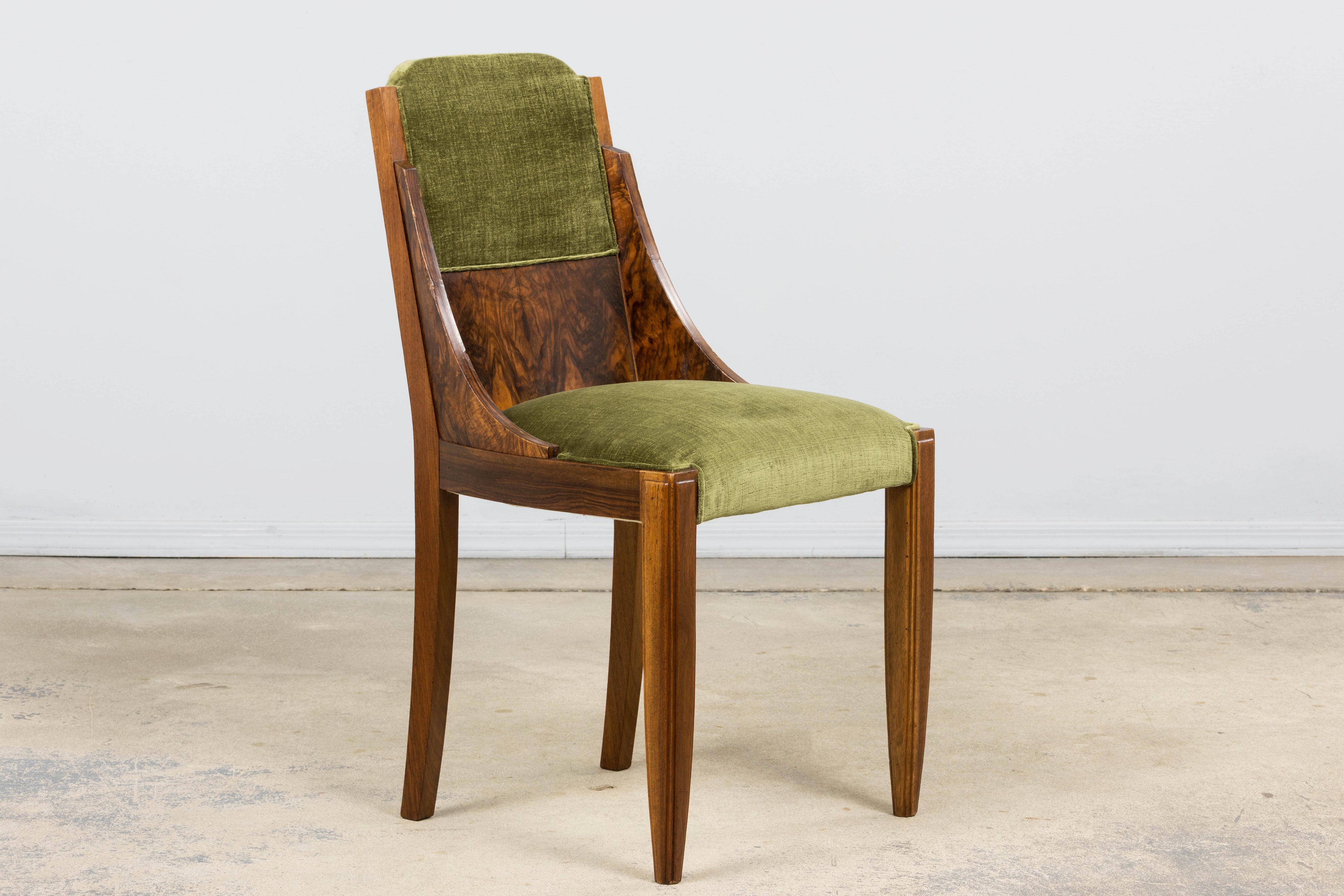 ON HOLD 1920s French Art Deco Walnut Gondola Dining Chairs in Olive Green - Set of 8