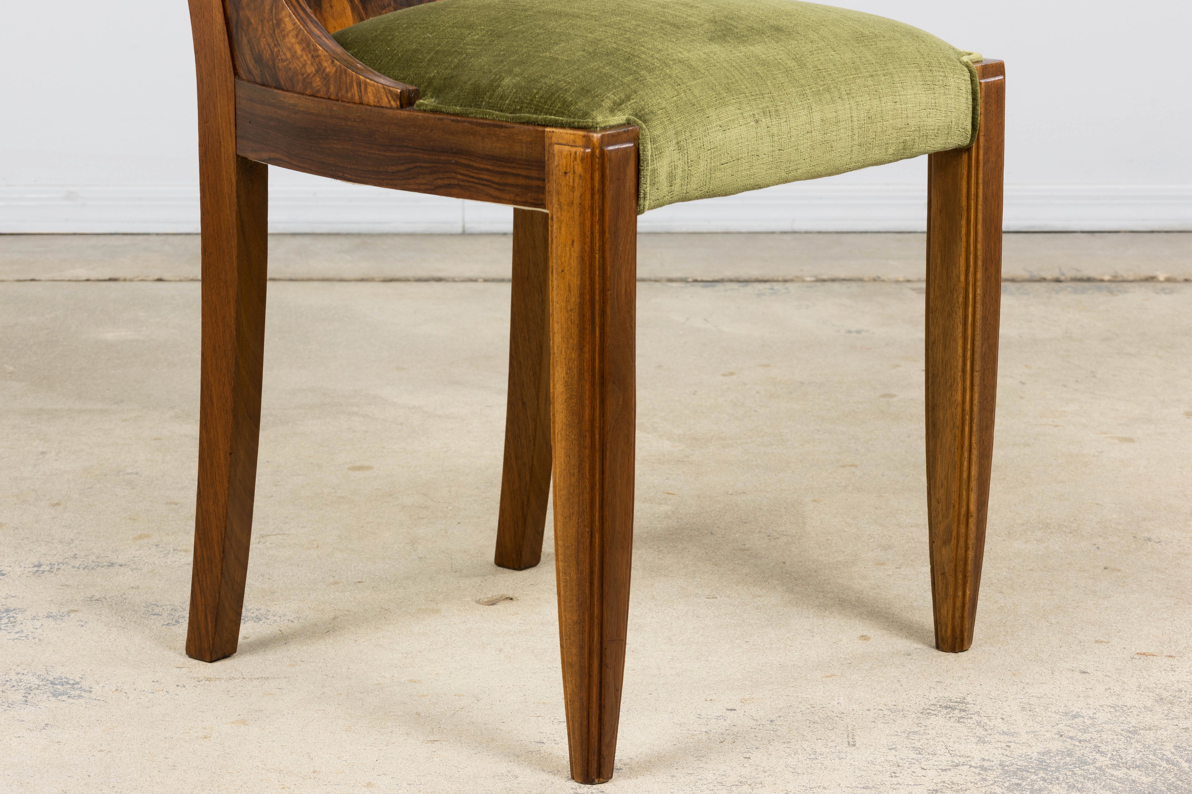 ON HOLD 1920s French Art Deco Walnut Gondola Dining Chairs in Olive Green - Set of 8