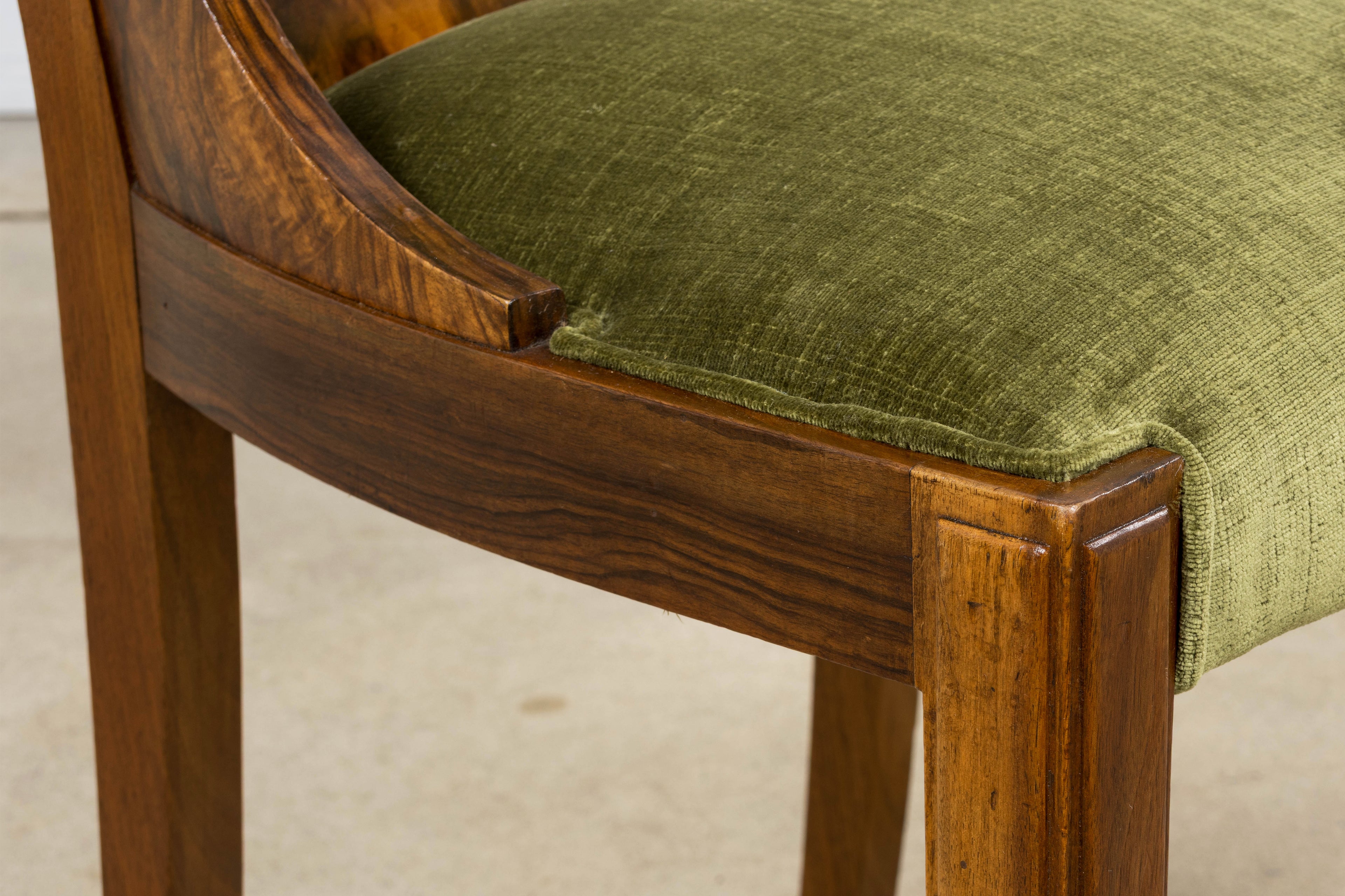 ON HOLD 1920s French Art Deco Walnut Gondola Dining Chairs in Olive Green - Set of 8