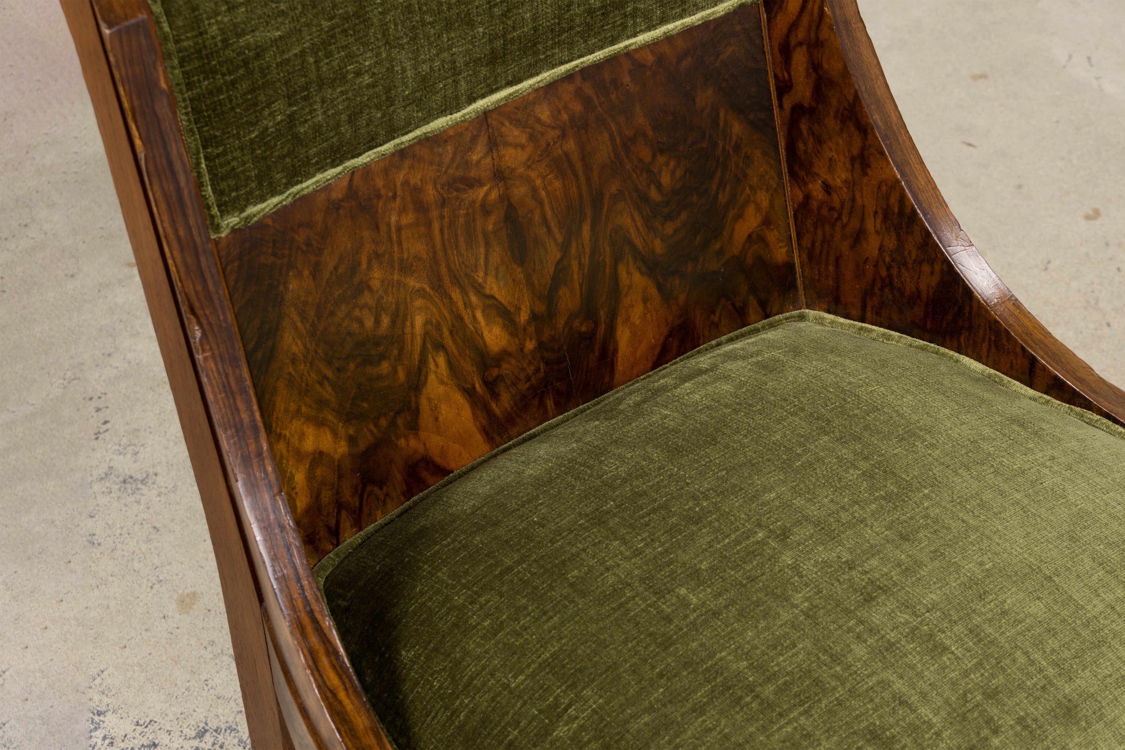 ON HOLD 1920s French Art Deco Walnut Gondola Dining Chairs in Olive Green - Set of 8