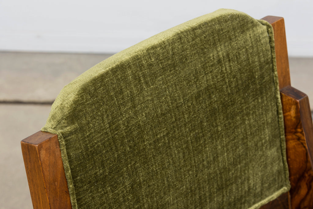 ON HOLD 1920s French Art Deco Walnut Gondola Dining Chairs in Olive Green - Set of 8