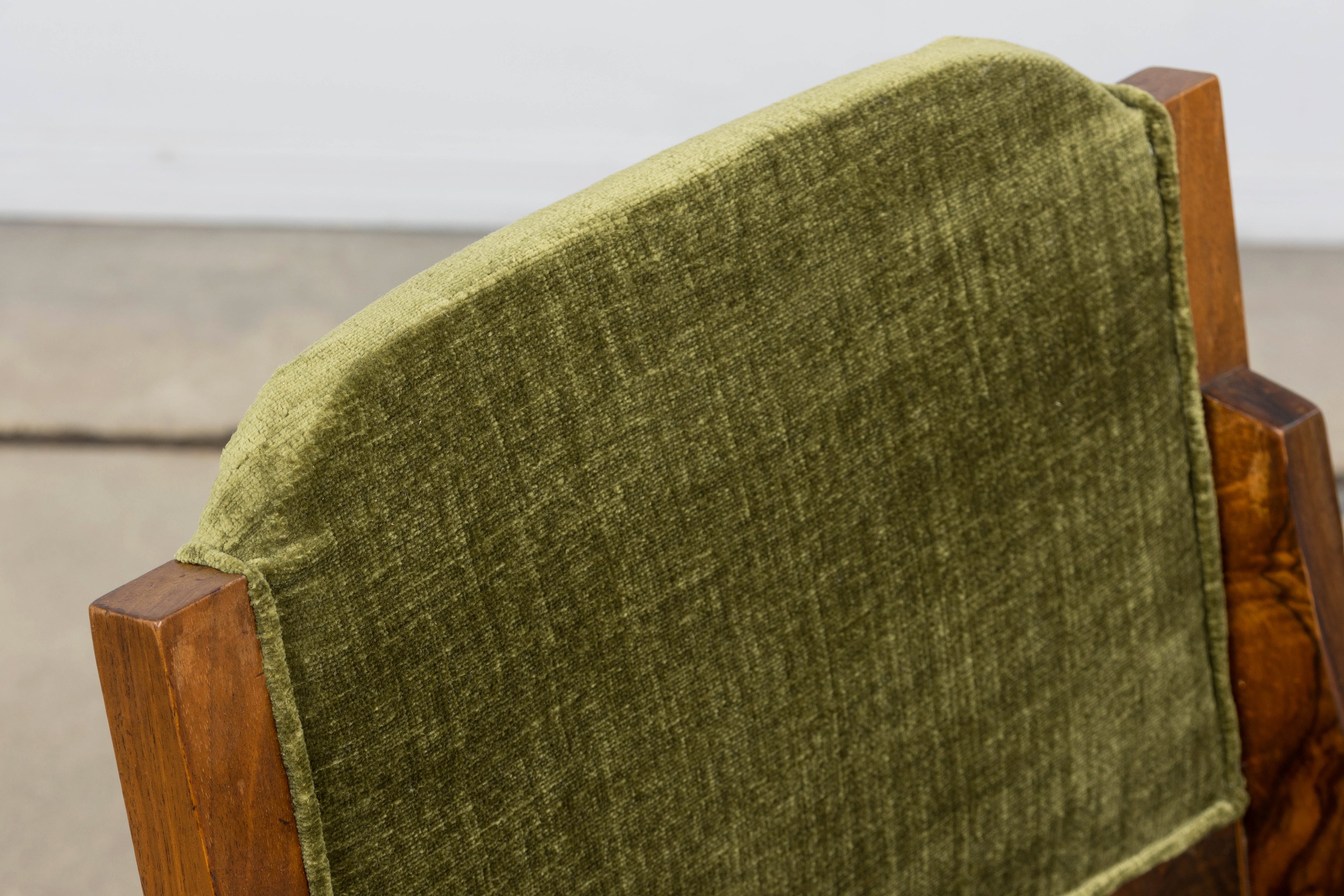 ON HOLD 1920s French Art Deco Walnut Gondola Dining Chairs in Olive Green - Set of 8