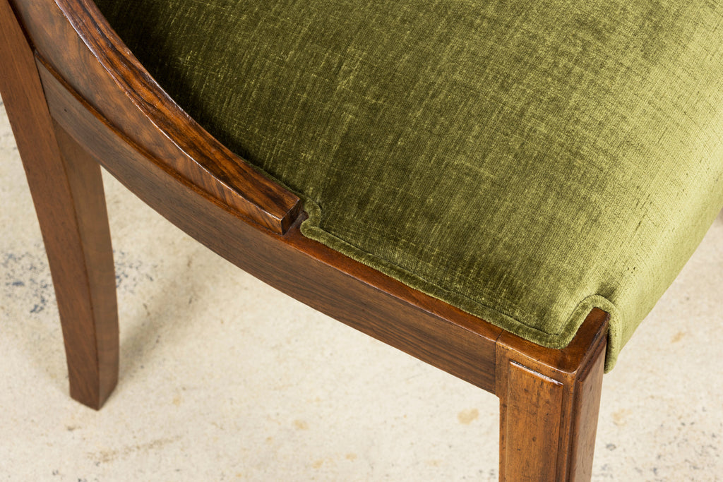 ON HOLD 1920s French Art Deco Walnut Gondola Dining Chairs in Olive Green - Set of 8