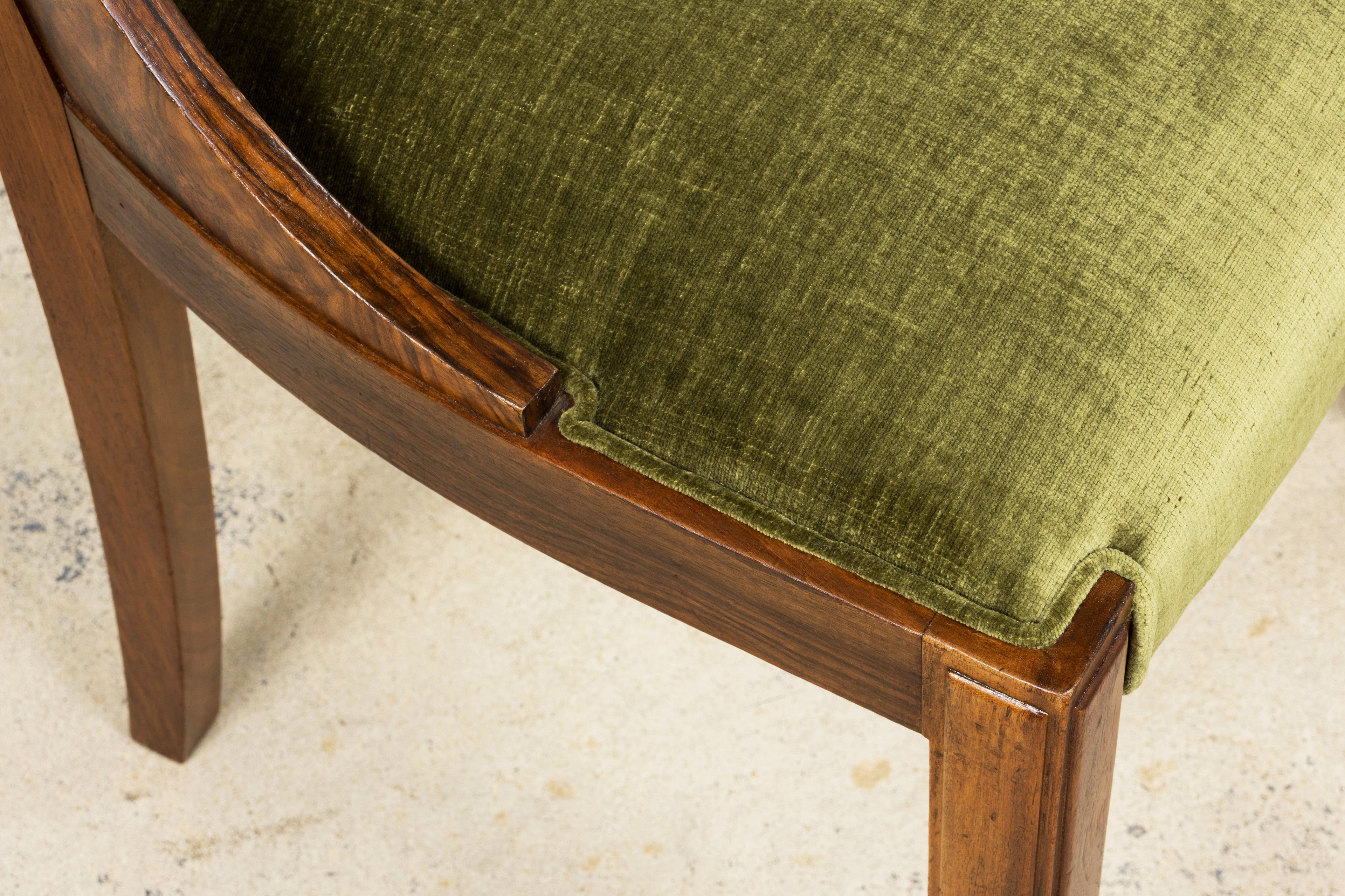 ON HOLD 1920s French Art Deco Walnut Gondola Dining Chairs in Olive Green - Set of 8