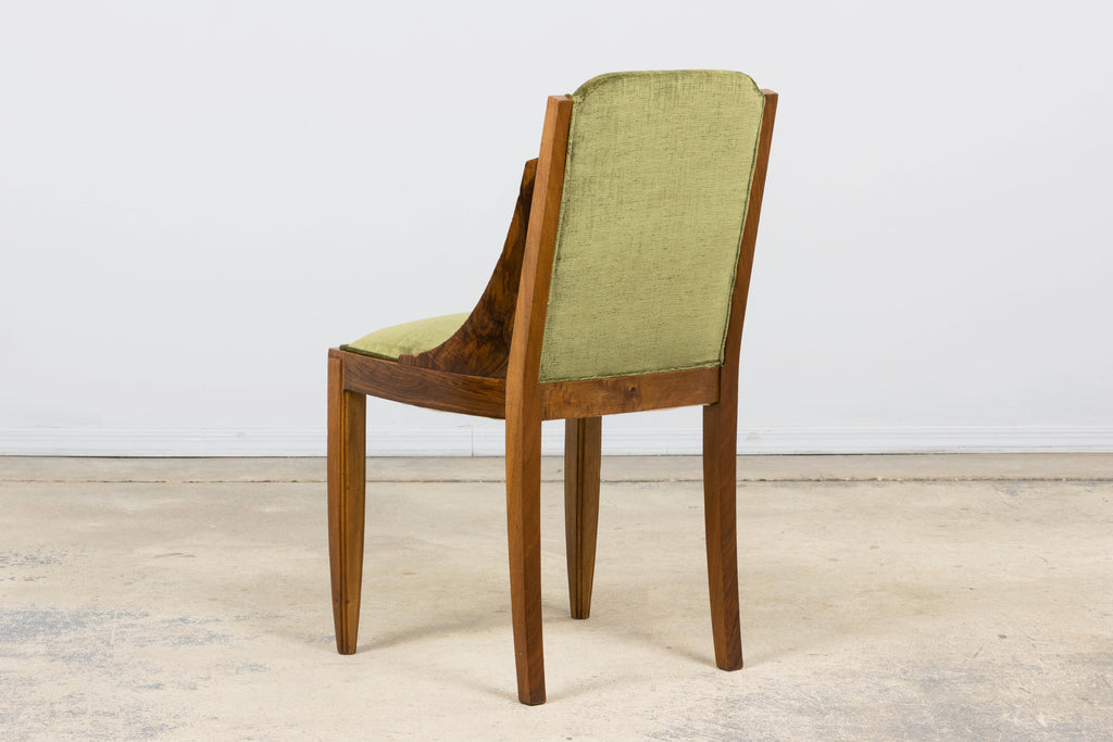 ON HOLD 1920s French Art Deco Walnut Gondola Dining Chairs in Olive Green - Set of 8