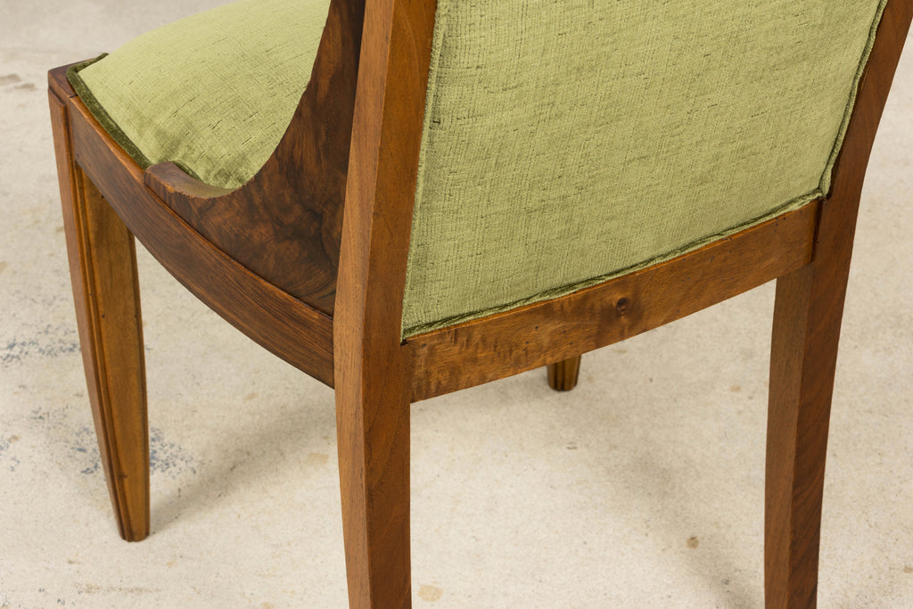 ON HOLD 1920s French Art Deco Walnut Gondola Dining Chairs in Olive Green - Set of 8