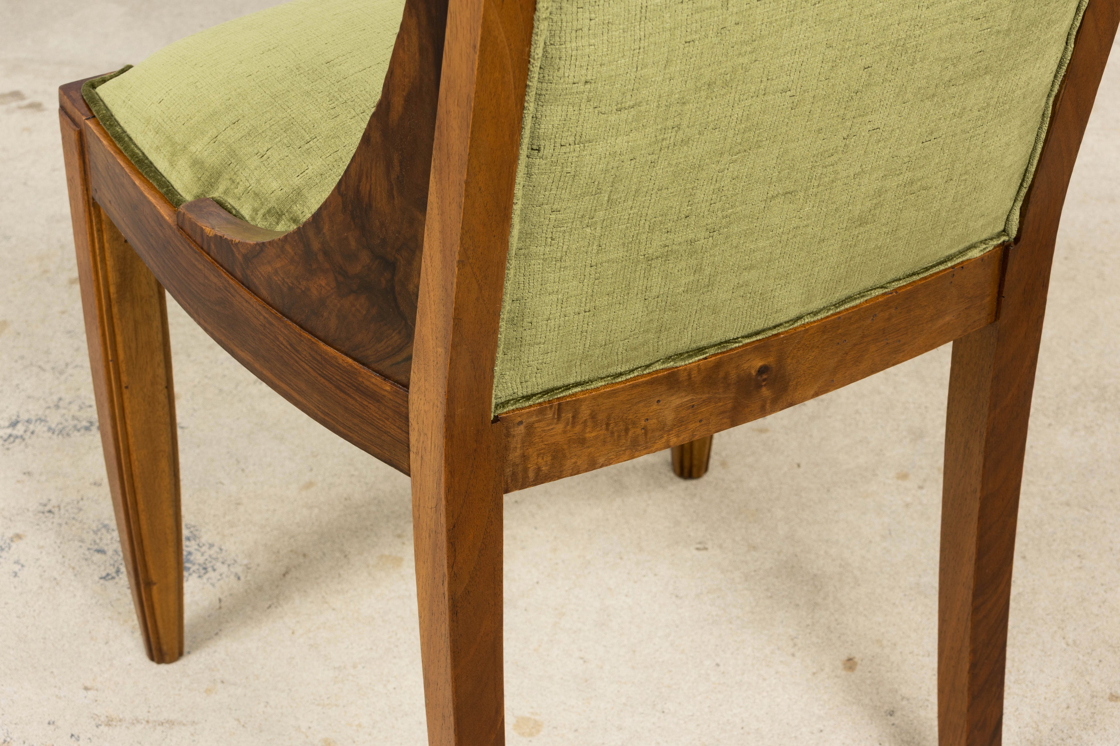 ON HOLD 1920s French Art Deco Walnut Gondola Dining Chairs in Olive Green - Set of 8