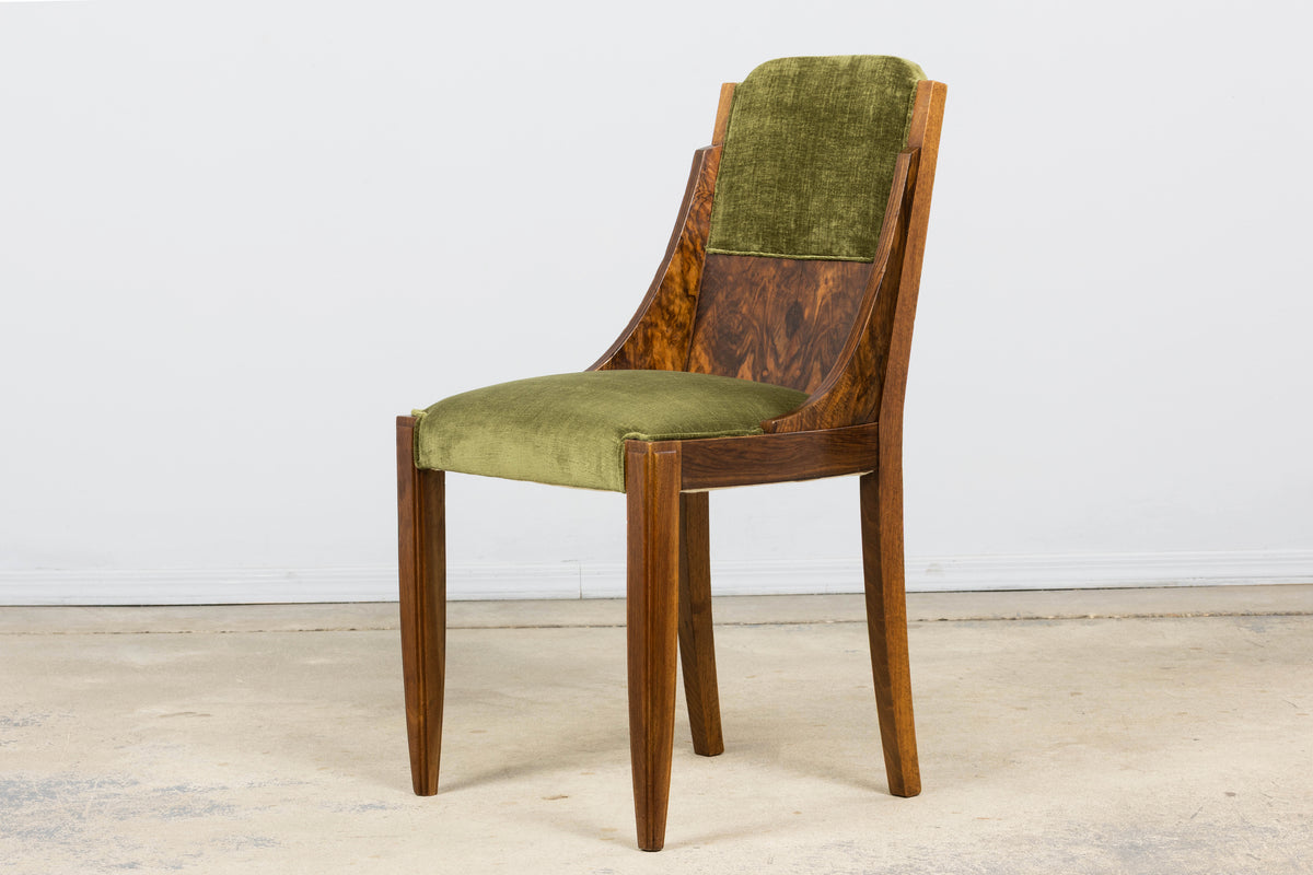1920s French Art Deco Walnut Gondola Dining Chairs in Olive Green - Set of 8