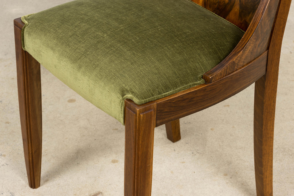 ON HOLD 1920s French Art Deco Walnut Gondola Dining Chairs in Olive Green - Set of 8