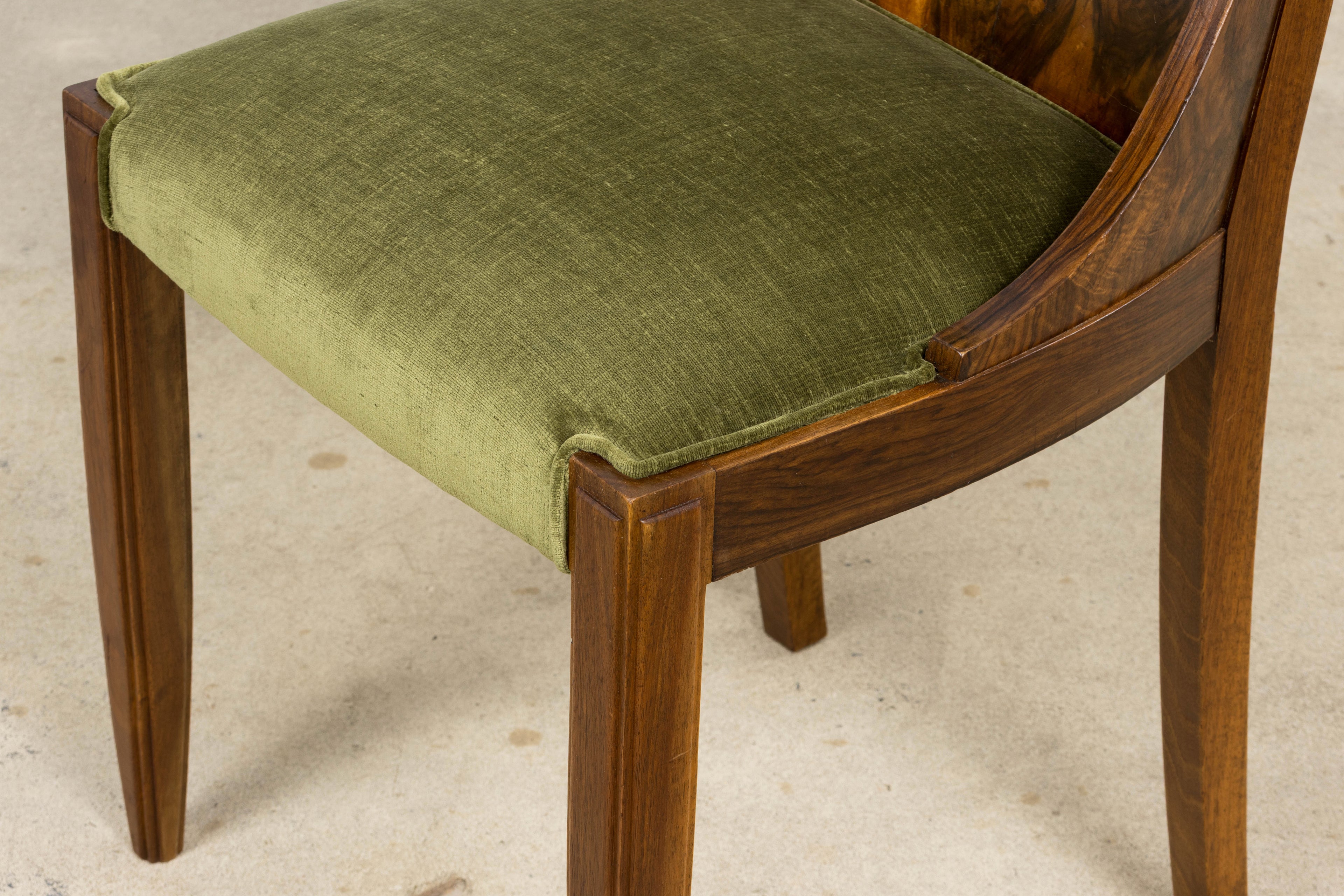 ON HOLD 1920s French Art Deco Walnut Gondola Dining Chairs in Olive Green - Set of 8