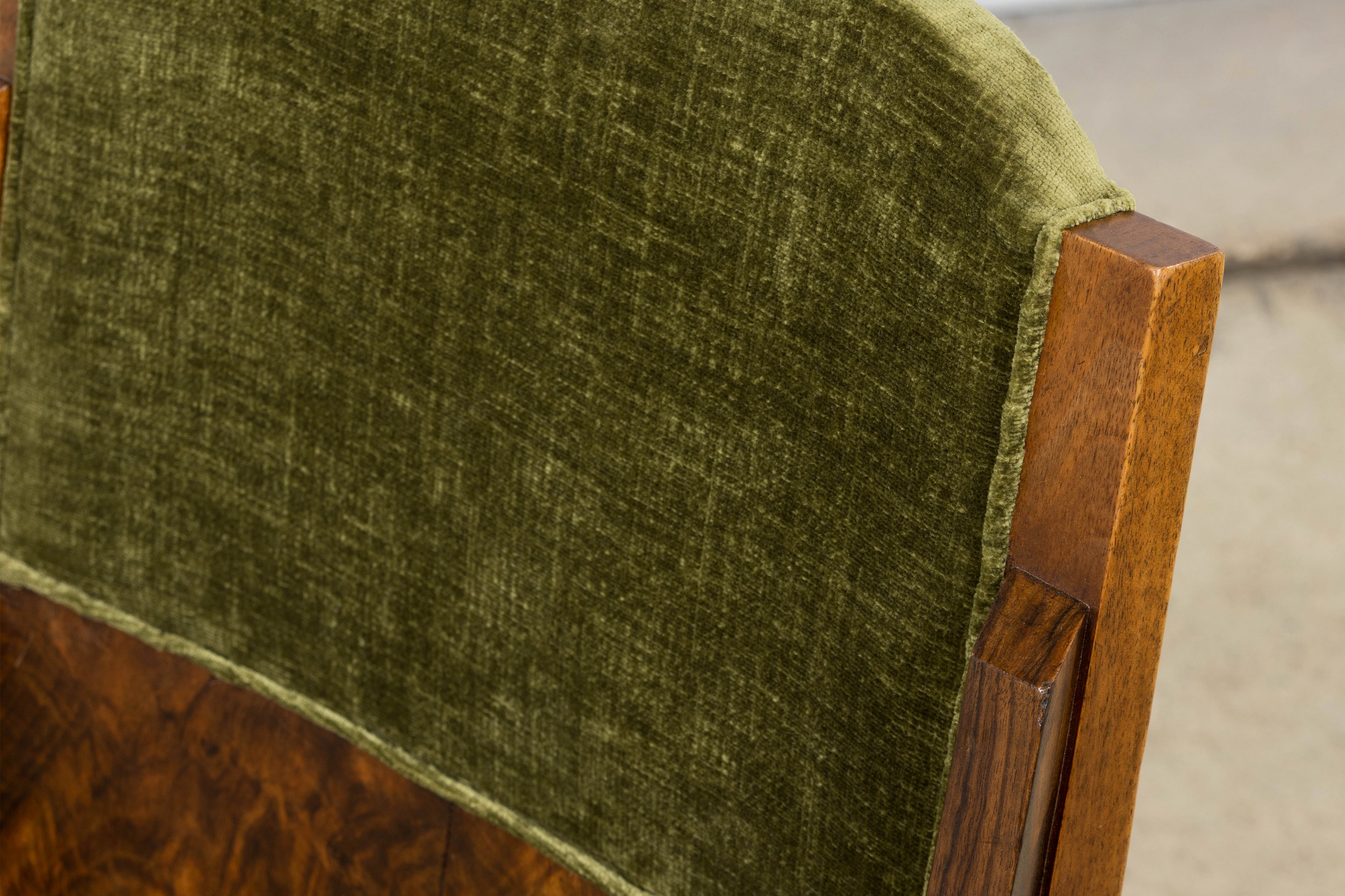 ON HOLD 1920s French Art Deco Walnut Gondola Dining Chairs in Olive Green - Set of 8