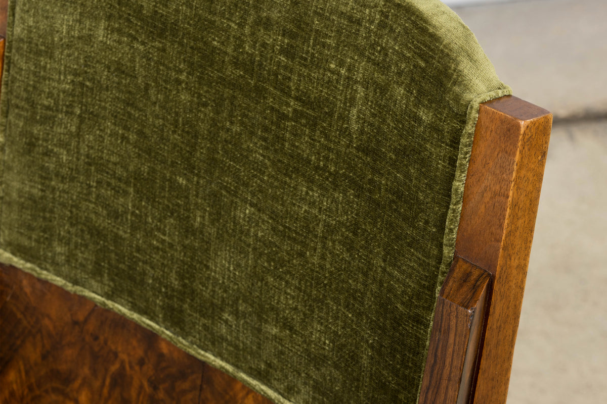 1920s French Art Deco Walnut Gondola Dining Chairs in Olive Green - Set of 8