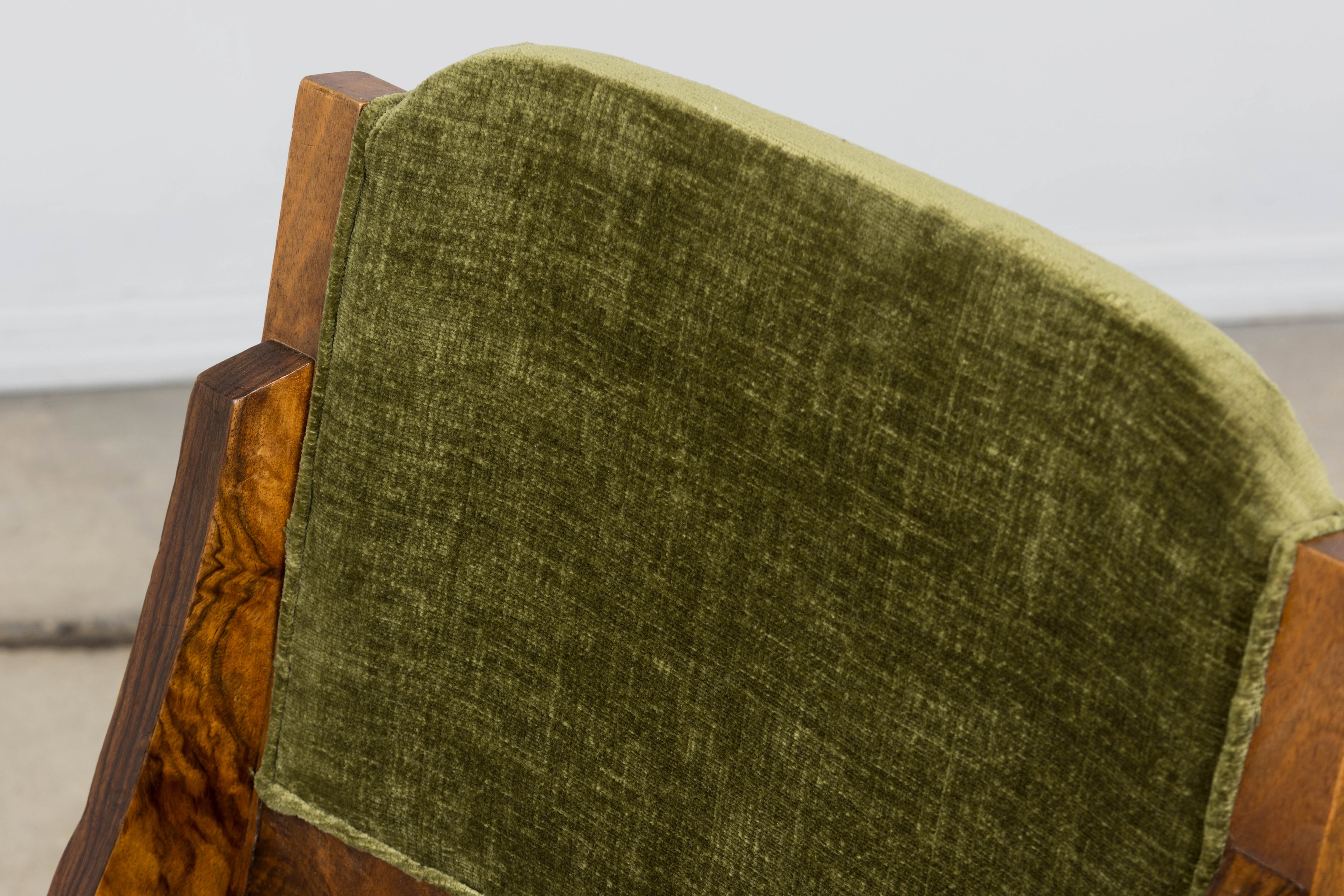ON HOLD 1920s French Art Deco Walnut Gondola Dining Chairs in Olive Green - Set of 8