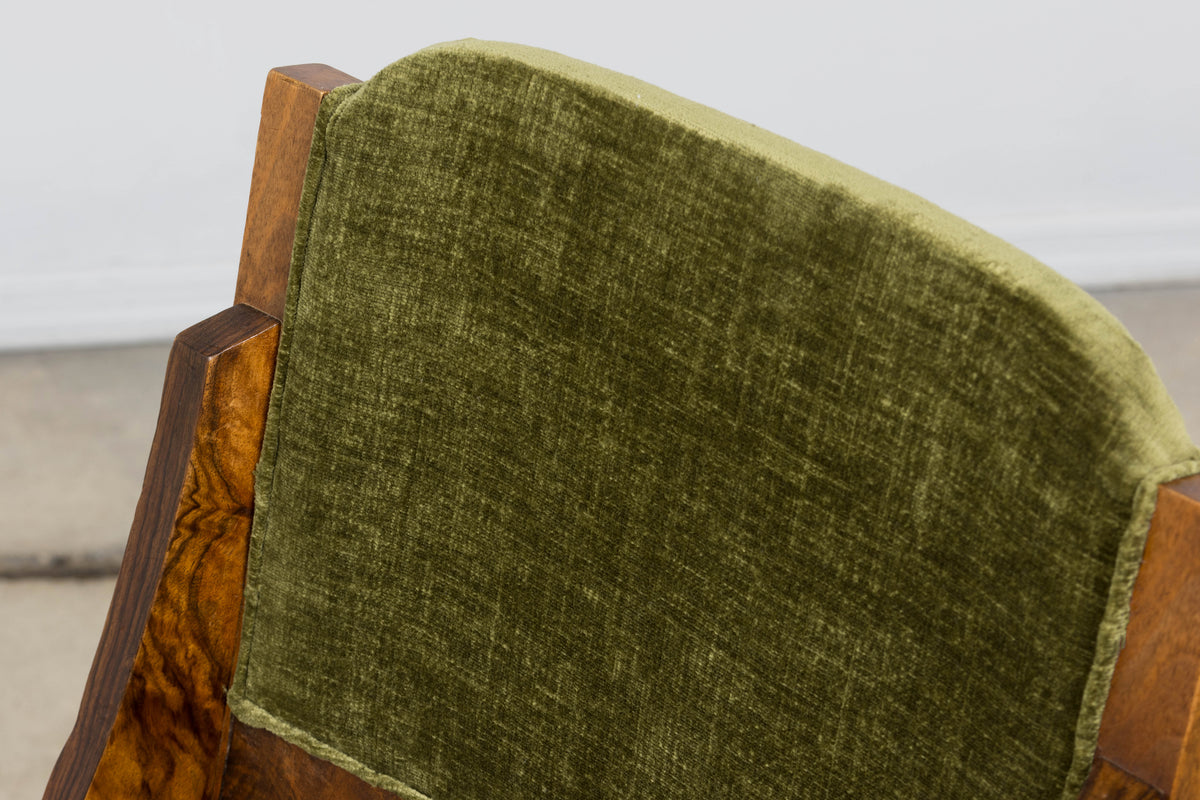 1920s French Art Deco Walnut Gondola Dining Chairs in Olive Green - Set of 8