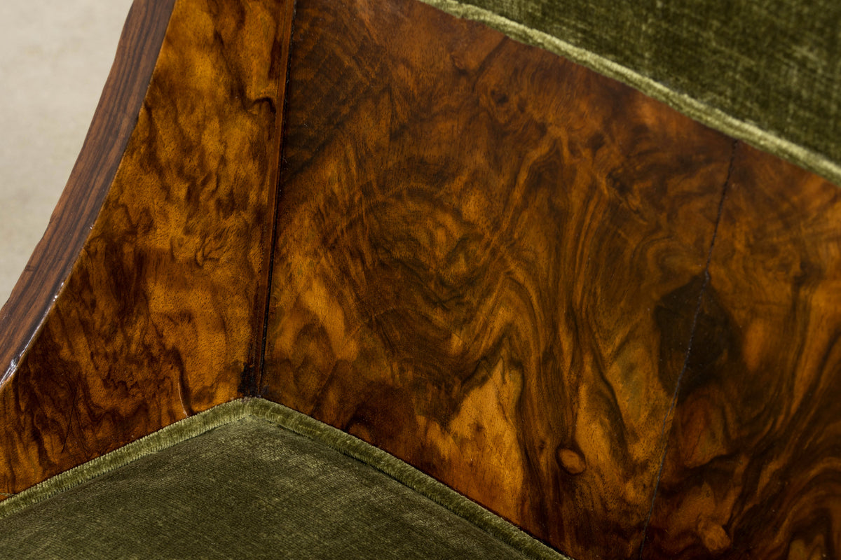 1920s French Art Deco Walnut Gondola Dining Chairs in Olive Green - Set of 8